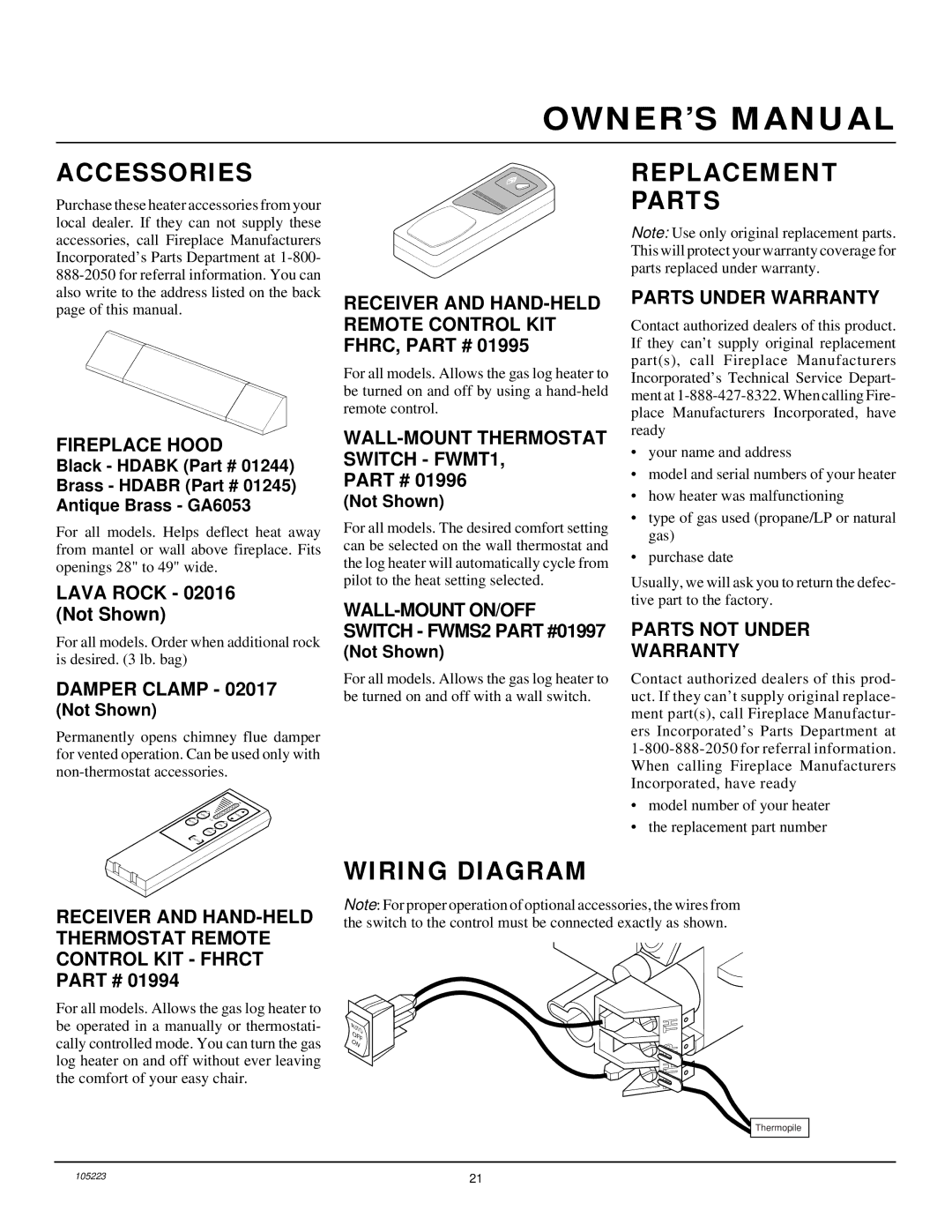 Desa FVFM27NR installation manual Accessories, Replacement Parts, Wiring Diagram 