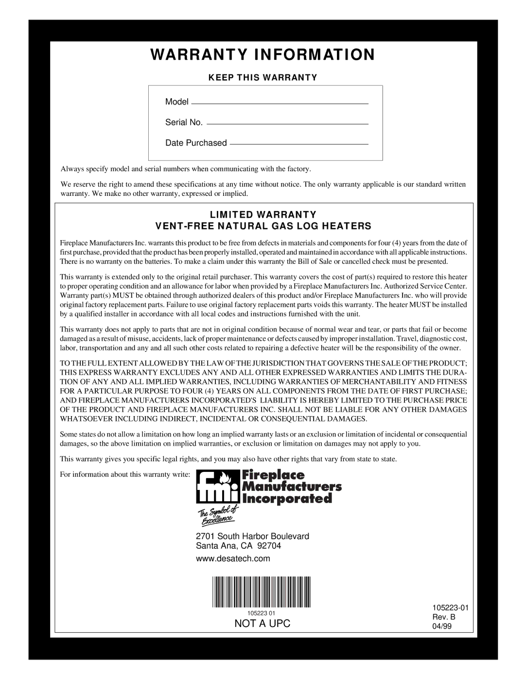 Desa FVFM27NR installation manual Warranty Information, Limited Warranty VENT-FREE Natural GAS LOG Heaters 