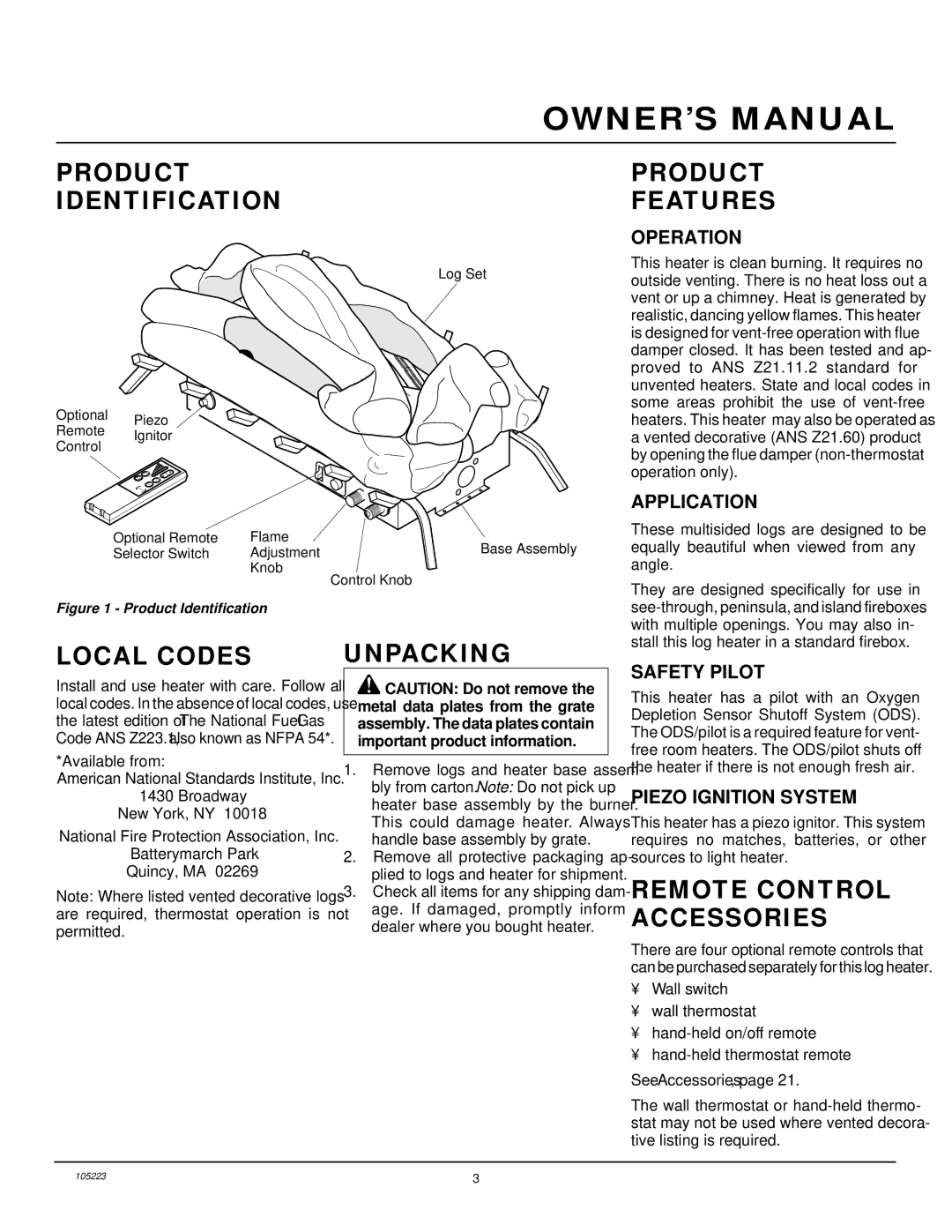 Desa FVFM27NR Product Identification, Product Features, Local Codes, Unpacking, Remote Control Accessories 