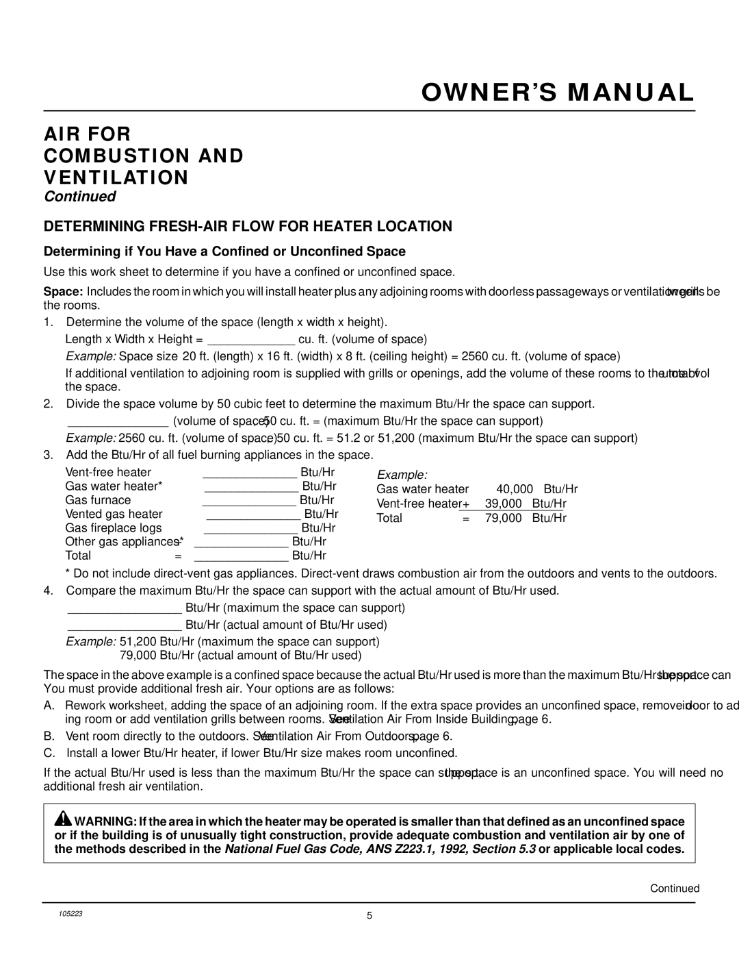 Desa FVFM27NR installation manual AIR for Combustion Ventilation, Determining FRESH-AIR Flow for Heater Location 