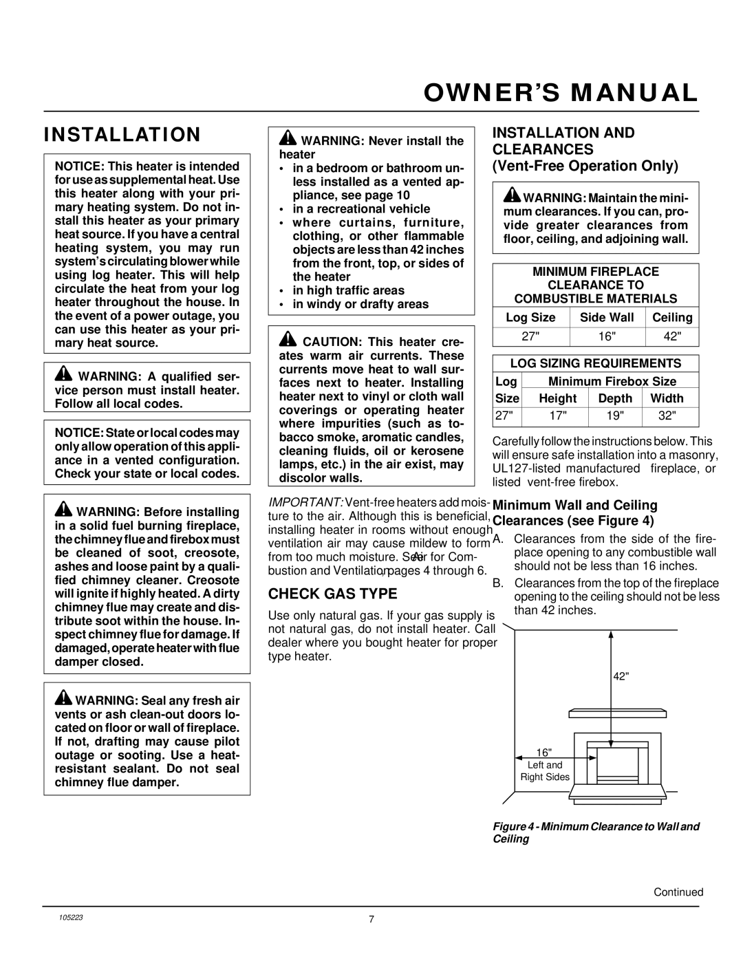 Desa FVFM27NR Installation, Check GAS Type, Minimum Wall and Ceiling Clearances see Figure, Log Size Side Wall Ceiling 