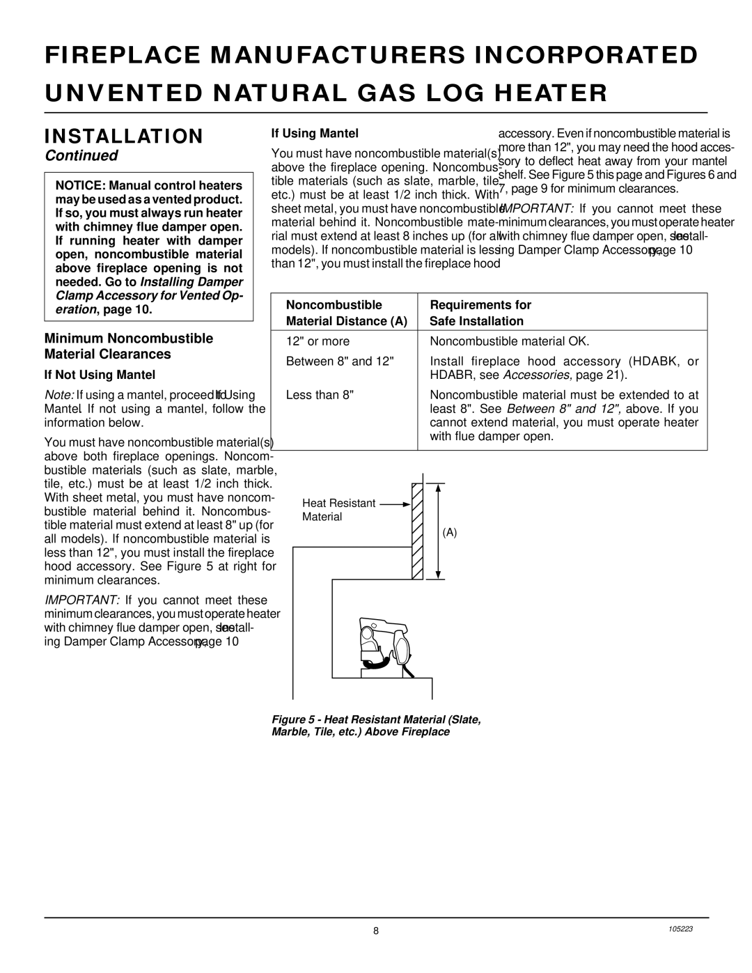 Desa FVFM27NR installation manual Minimum Noncombustible Material Clearances, If Using Mantel, Eration, If Not Using Mantel 