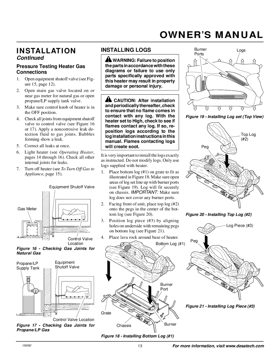 Desa VYM27NR/PR, FVFM27NR/PR installation manual Installing Logs, Pressure Testing Heater Gas Connections 