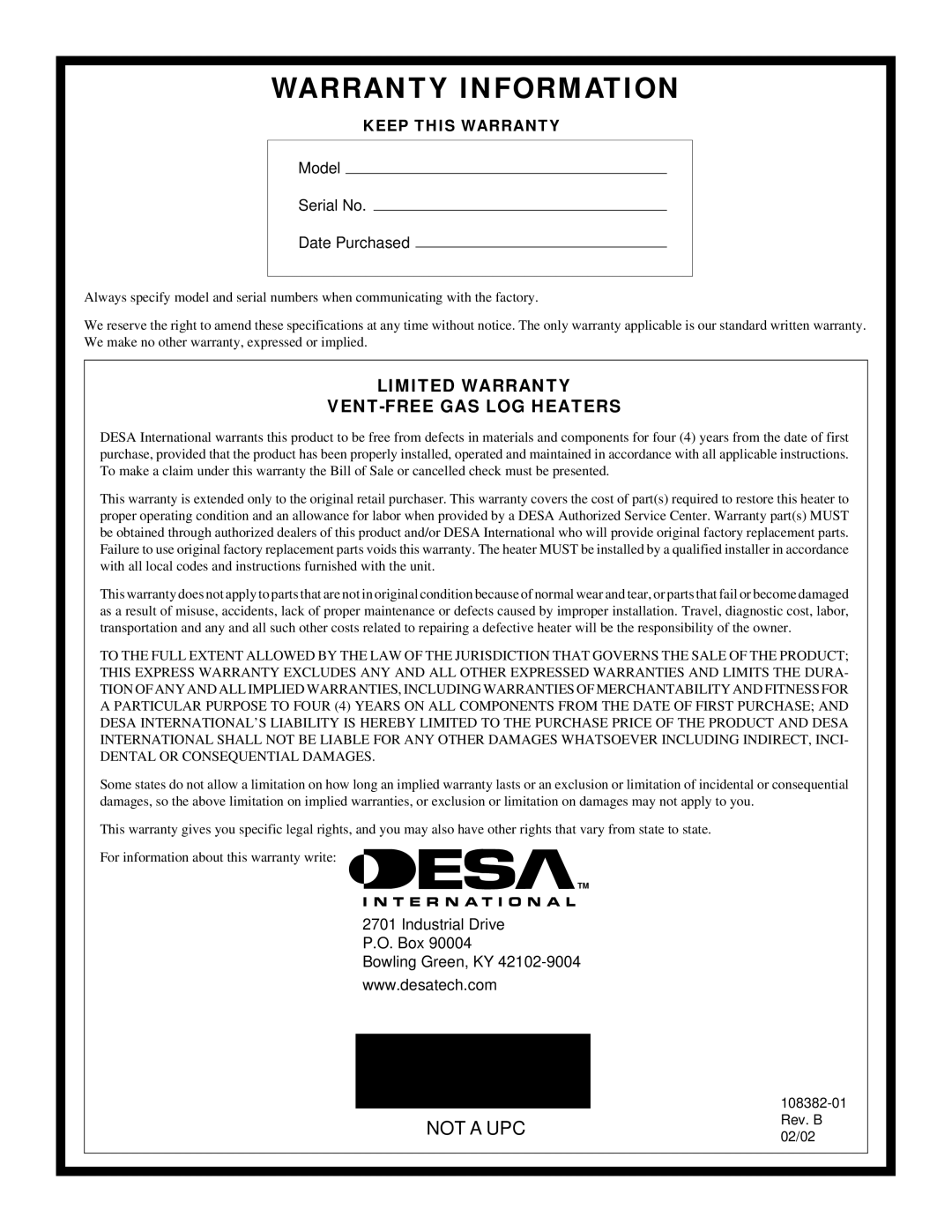 Desa FVFM27NR/PR, VYM27NR/PR installation manual Warranty Information 