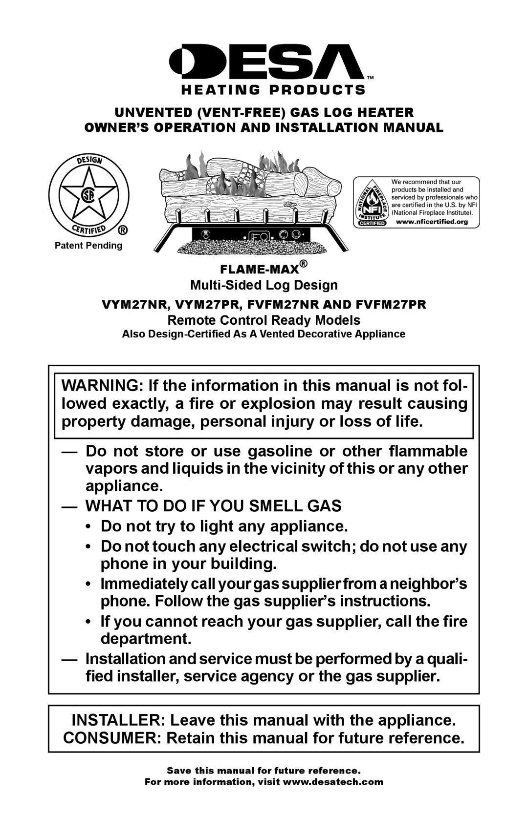 Desa installation manual Flame-Max, VYM27NR, VYM27PR, FVFM27NR and FVFM27PR 