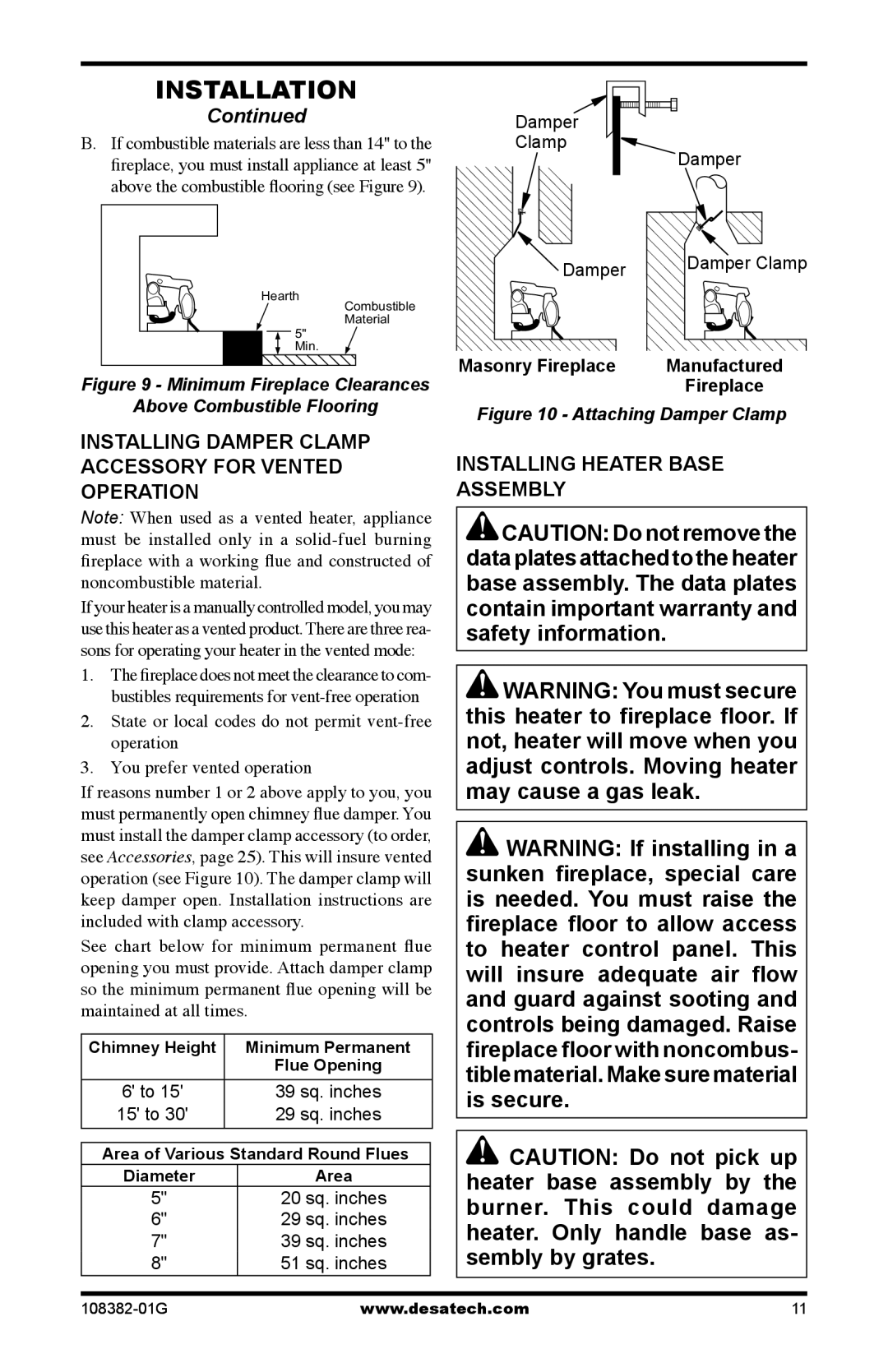 Desa FVFM27PR Installing Damper Clamp Accessory for Vented Operation, Installing Heater Base Assembly, Masonry Fireplace 