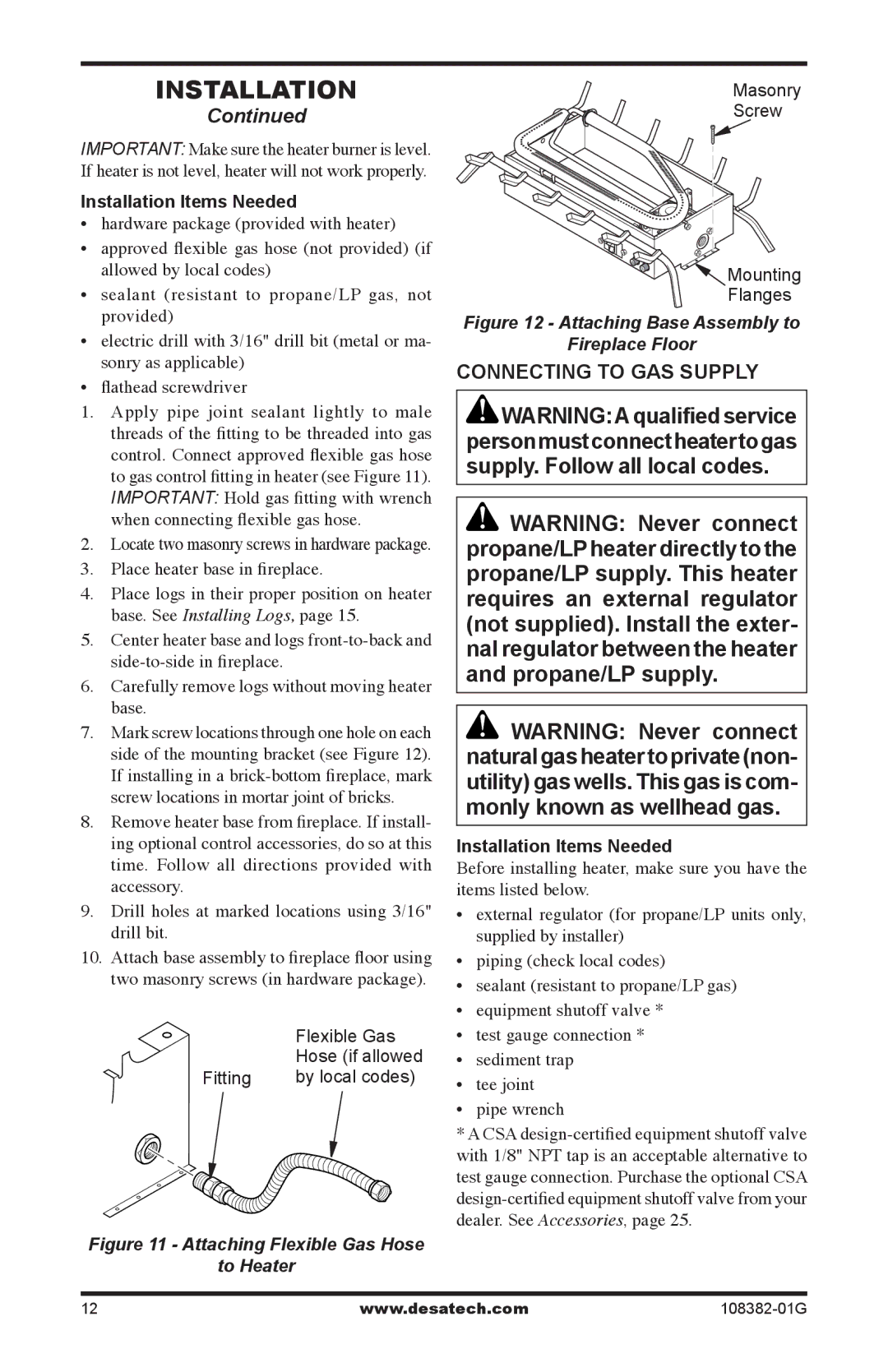 Desa FVFM27PR installation manual Connecting to GAS Supply, Installation Items Needed 