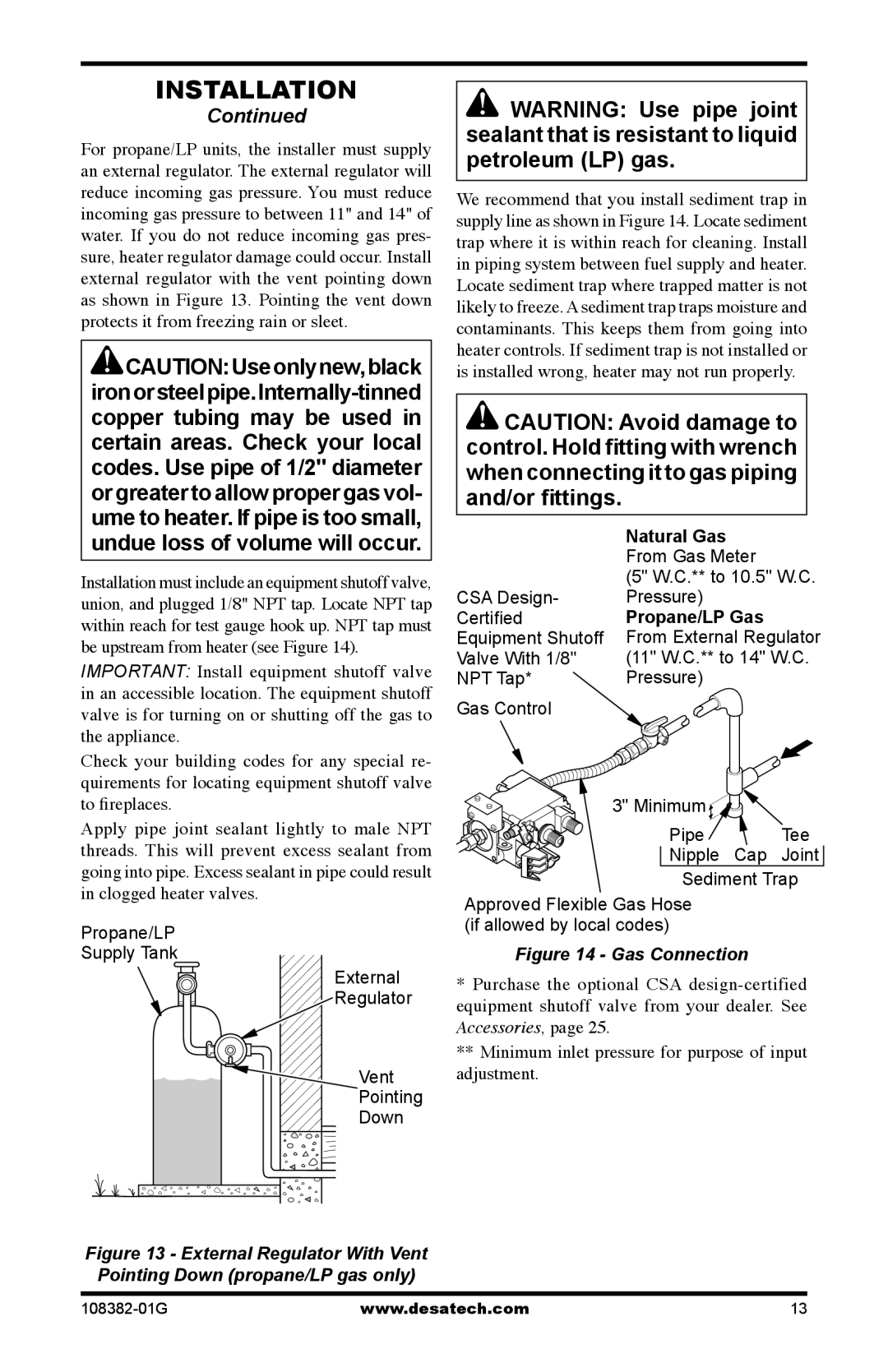 Desa FVFM27PR installation manual Natural Gas From Gas Meter, Propane/LP Gas 