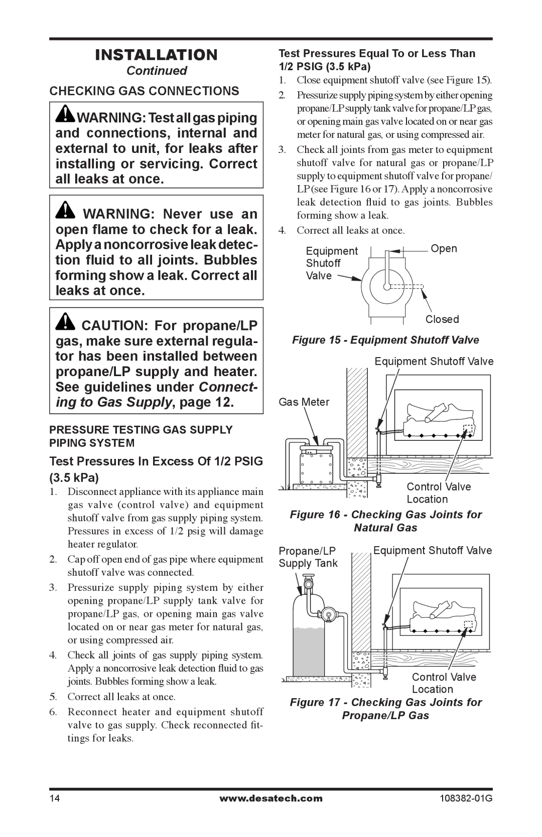 Desa FVFM27PR installation manual Checking GAS Connections, Test Pressures In Excess Of 1/2 Psig KPa 