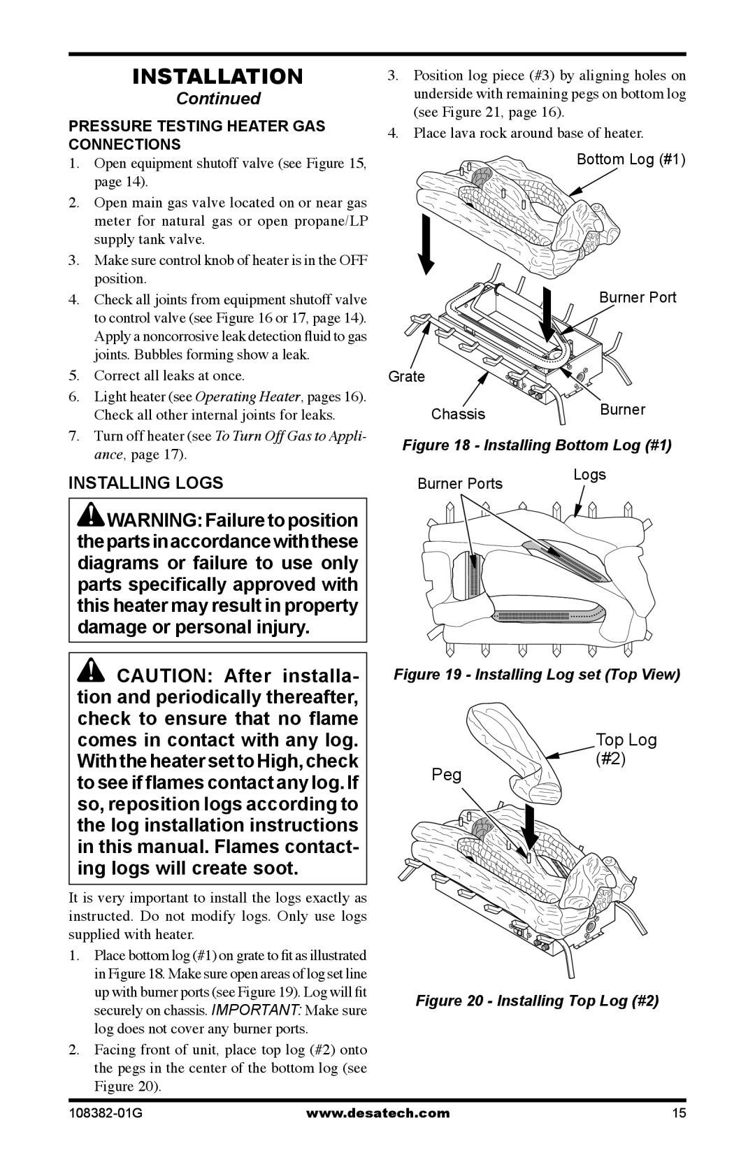 Desa FVFM27PR installation manual Installing Logs, Pressure Testing Heater Gas Connections 