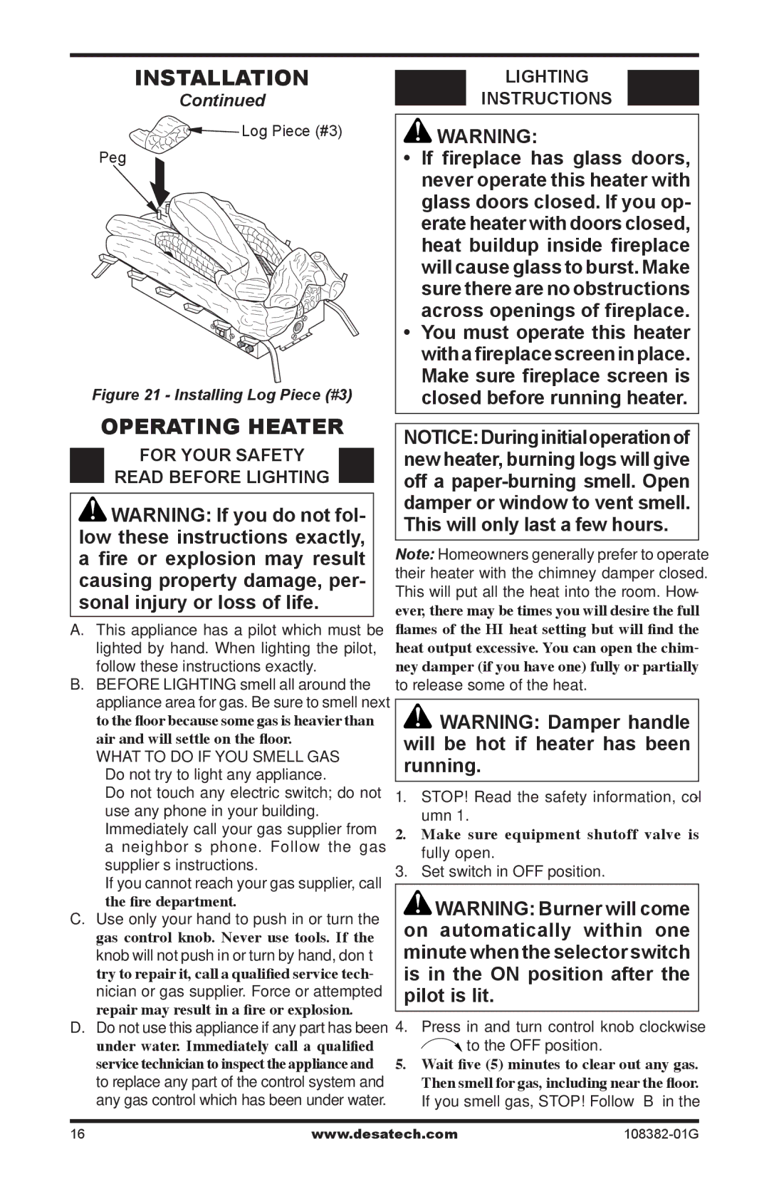 Desa FVFM27PR installation manual Operating Heater, For Your Safety Read Before Lighting, Lighting Instructions 