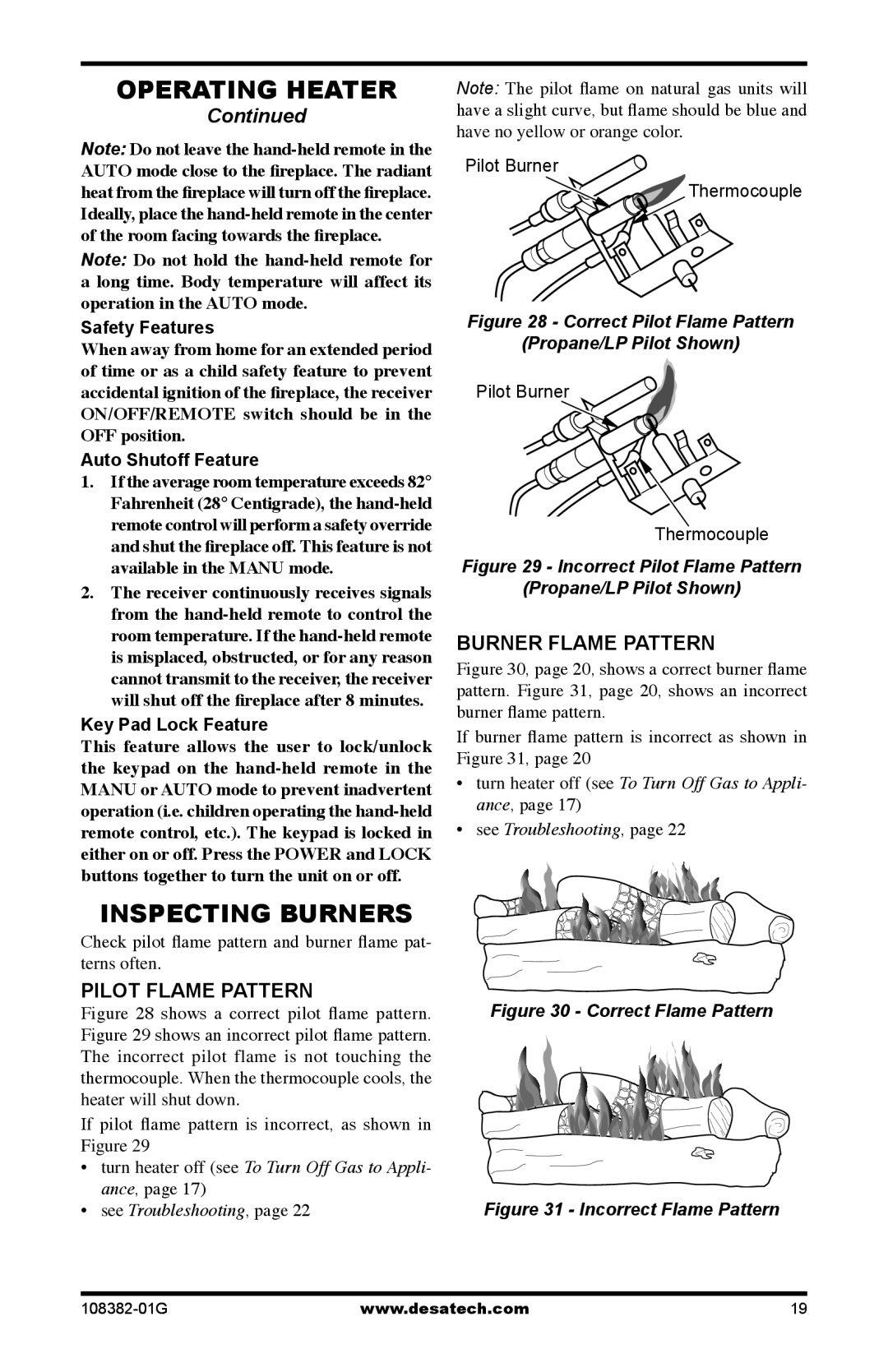 Desa FVFM27PR installation manual Inspecting Burners, Pilot Flame Pattern, Burner Flame Pattern 