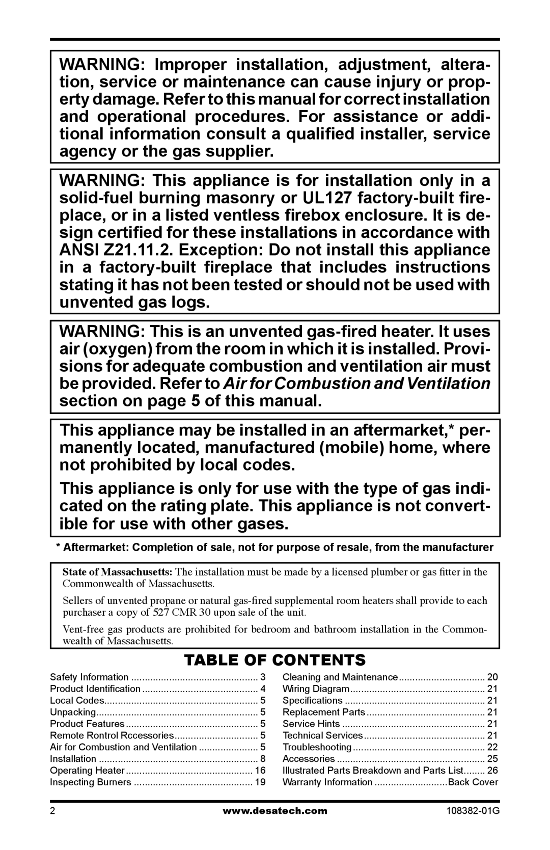 Desa FVFM27PR installation manual Table of Contents 