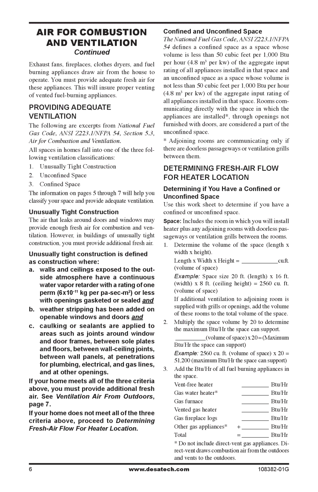 Desa FVFM27PR installation manual AIR for Combustion Ventilation, Providing Adequate Ventilation 