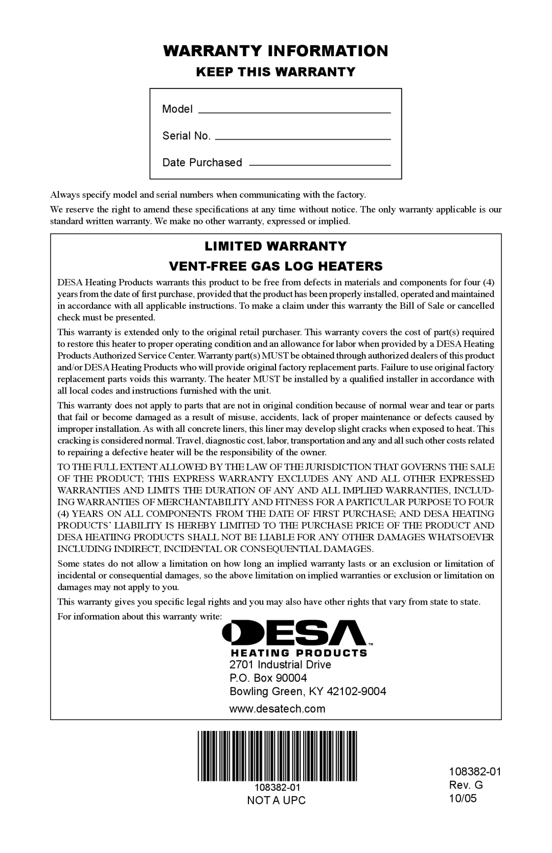 Desa FVFM27PR installation manual Warranty Information, Keep This Warranty, Limited Warranty Vent-Freegas Log Heaters 