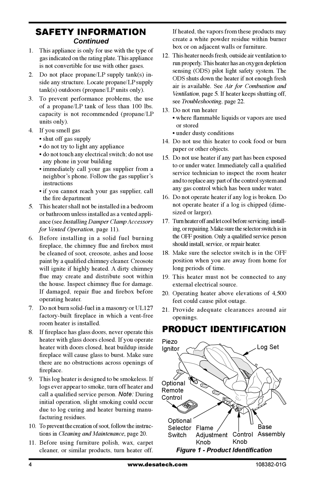 Desa FVFM27PR installation manual Safety Information, Product Identification, Continued 