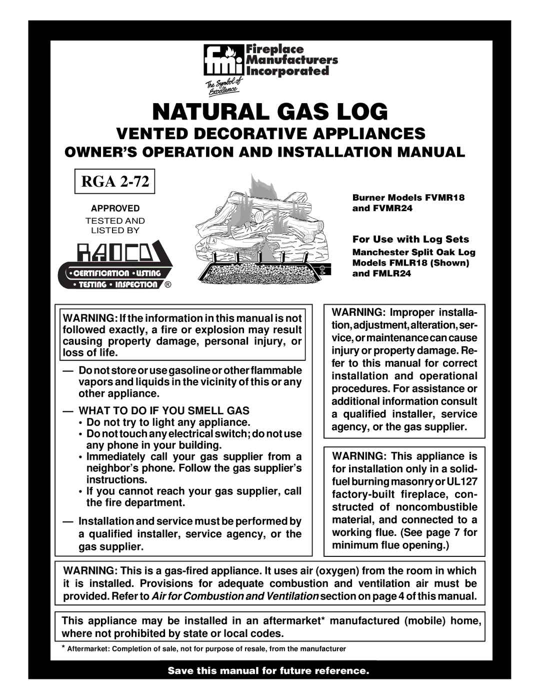 Desa FVMR18, FVMR24 installation manual OWNER’S Operation and Installation Manual, What to do if YOU Smell GAS 