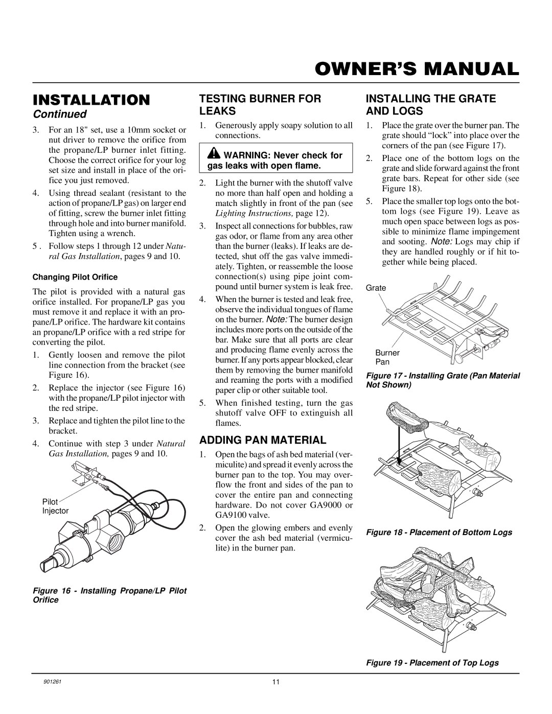 Desa FVMR18, FVMR24 installation manual Testing Burner for Leaks, Adding PAN Material, Installing the Grate and Logs 