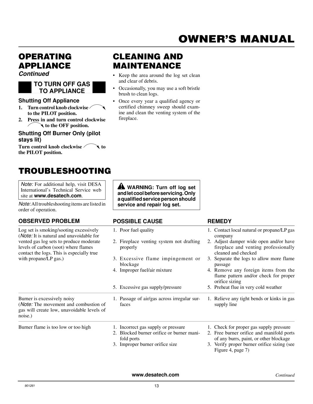 Desa FVMR18, FVMR24 installation manual Cleaning and Maintenance, Troubleshooting, To Turn OFF GAS To Appliance 