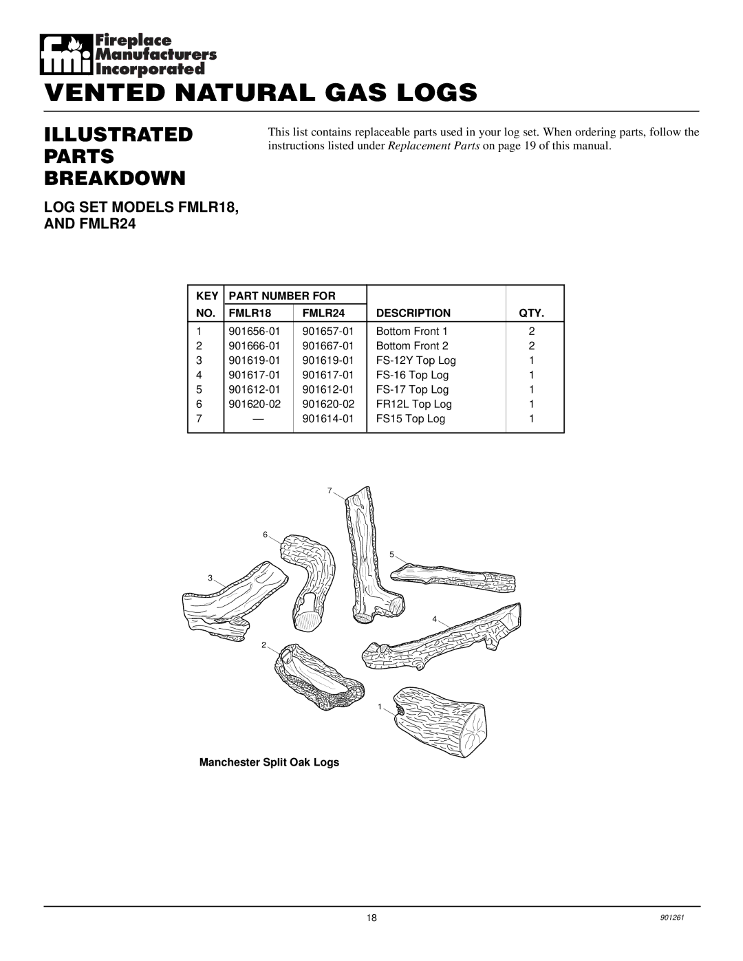 Desa FVMR24, FVMR18 installation manual LOG SET Models FMLR18, and FMLR24, KEY Part Number for FMLR18 FMLR24 Description QTY 