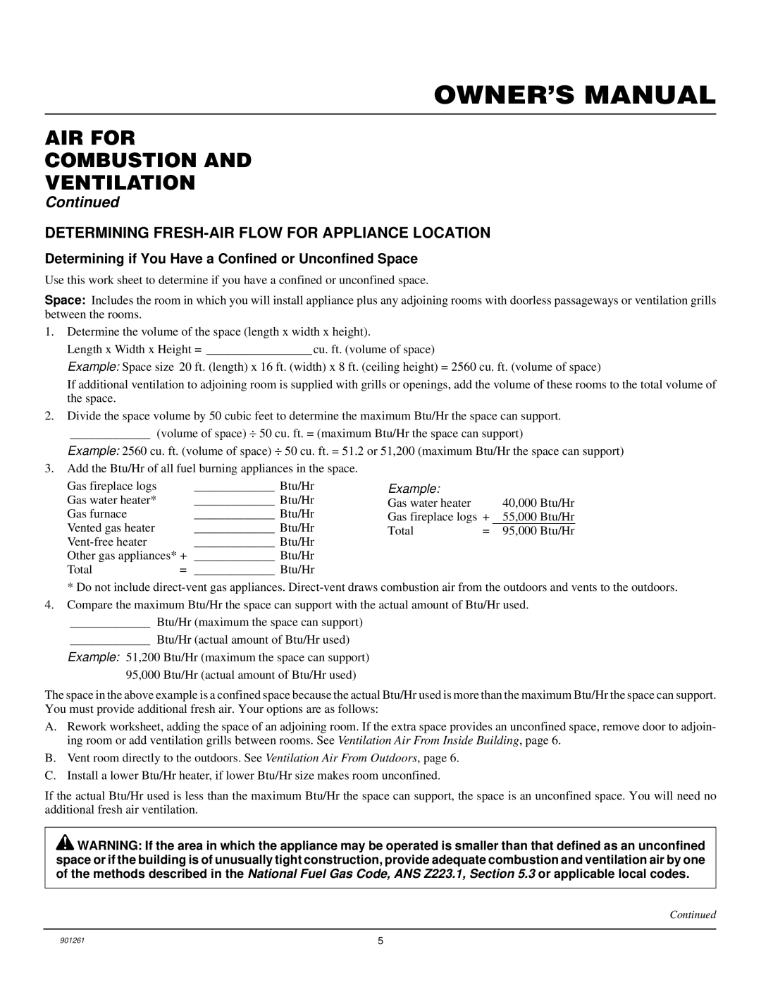 Desa FVMR18, FVMR24 installation manual AIR for Combustion Ventilation, Determining FRESH-AIR Flow for Appliance Location 