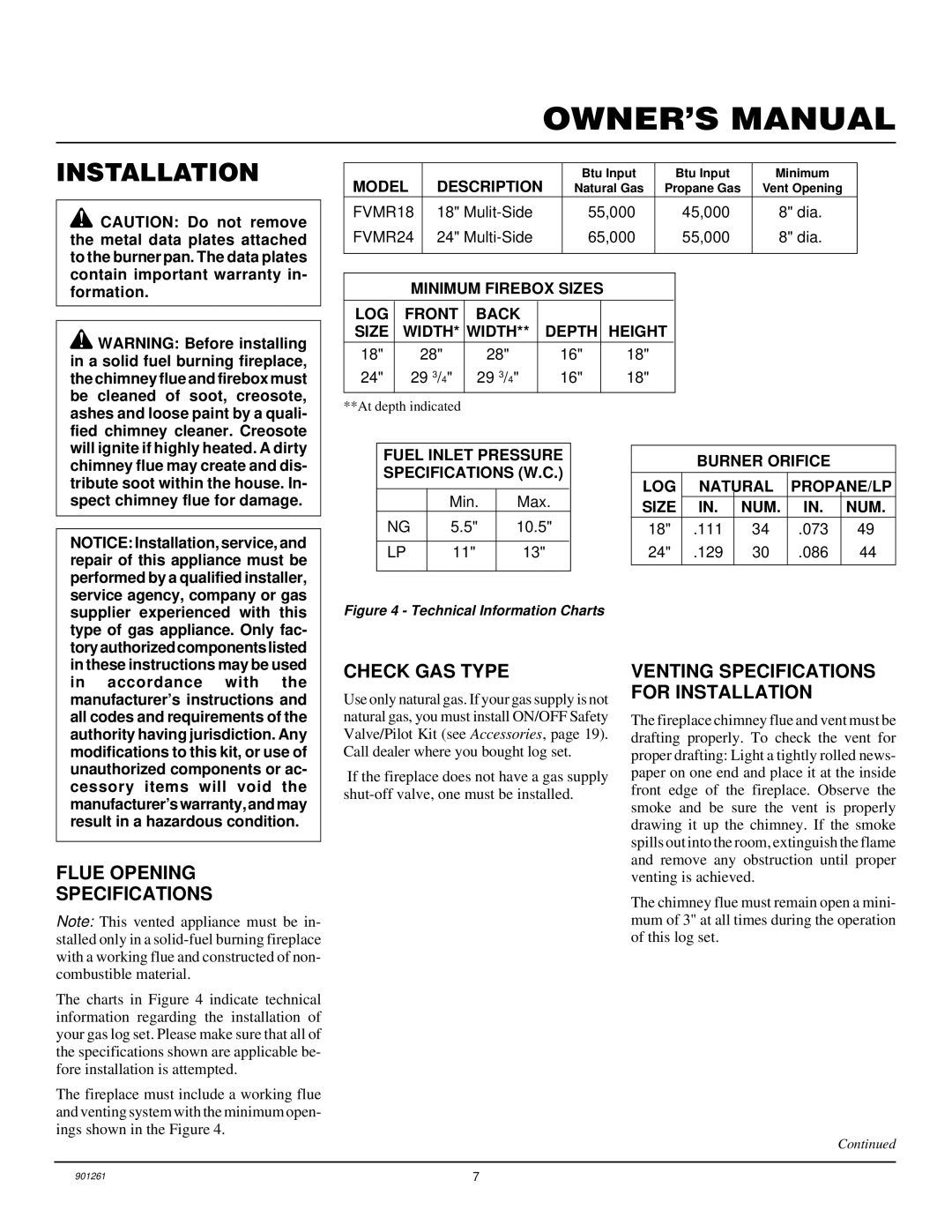 Desa FVMR18, FVMR24 Flue Opening Specifications, Check GAS Type, Venting Specifications for Installation 