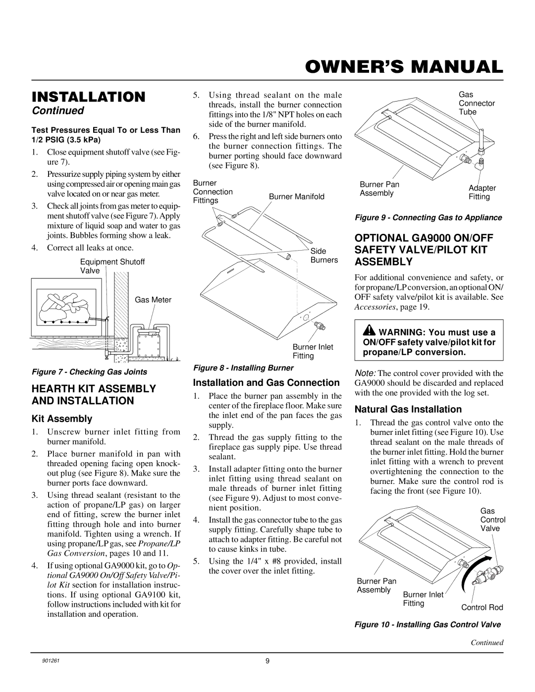 Desa FVMR18 Hearth KIT Assembly and Installation, Optional GA9000 ON/OFF Safety VALVE/PILOT KIT Assembly, Kit Assembly 