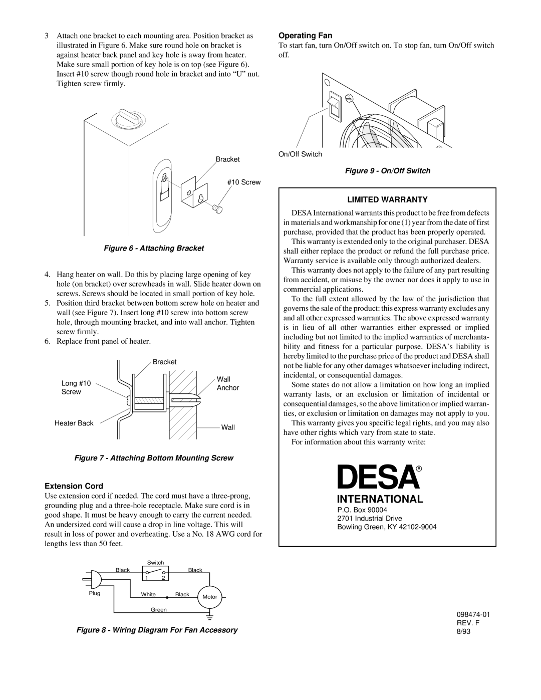 Desa GA2100A owner manual Operating Fan, Extension Cord, Limited Warranty 