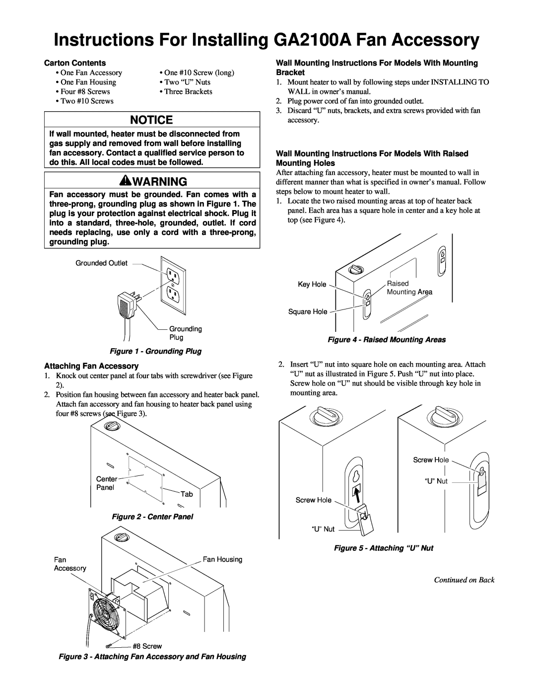 Desa owner manual Instructions For Installing GA2100A Fan Accessory, Continued on Back 