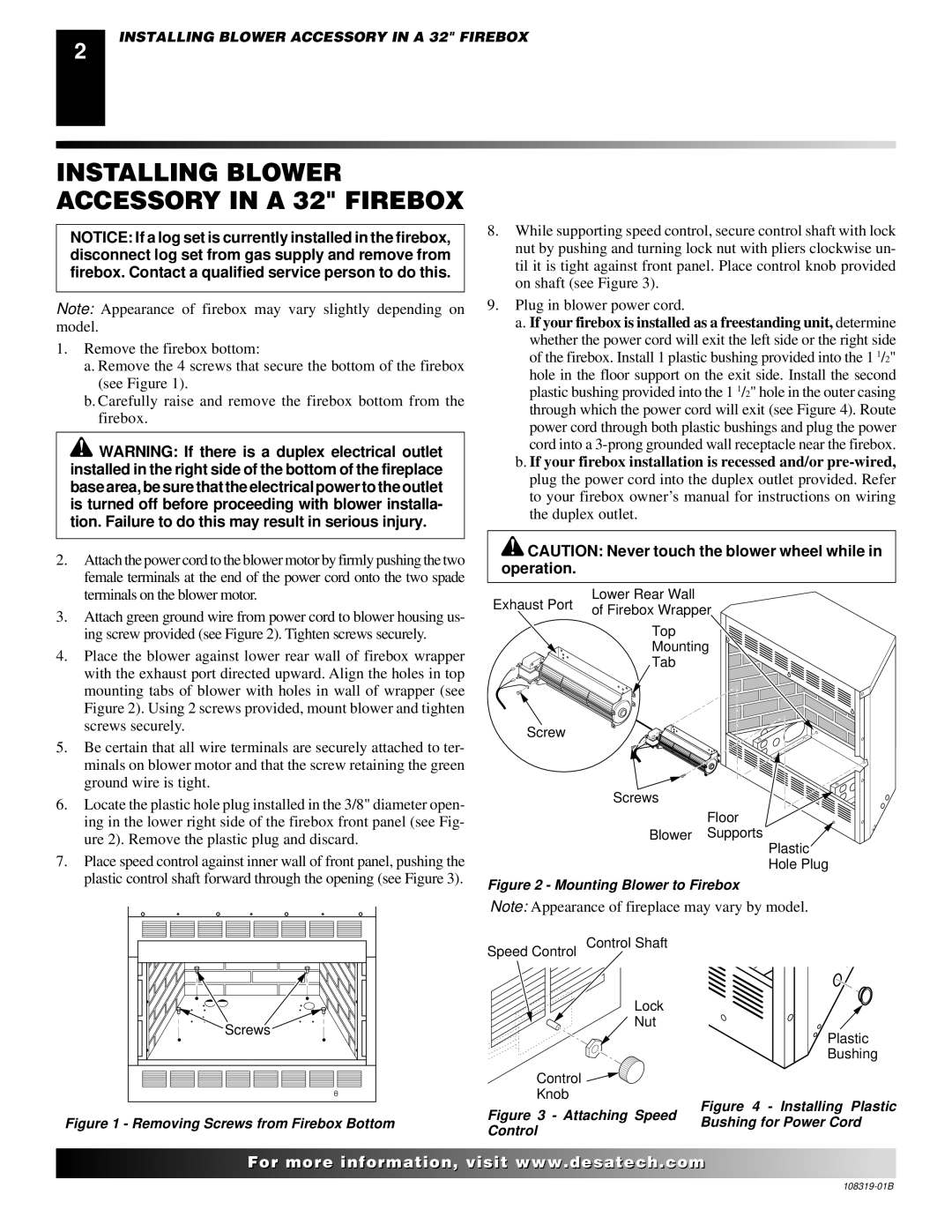 Desa Ga3750a installation instructions Installing Blower Accessory in a 32 Firebox, Mounting Blower to Firebox 