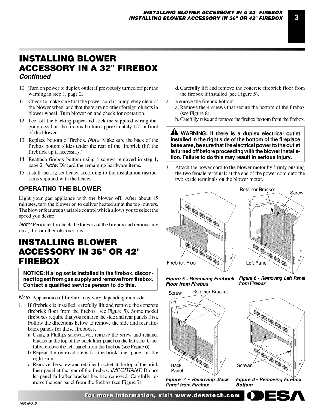 Desa Ga3750a installation instructions Installing Blower Accessory in 36 or Firebox, Operating the Blower 