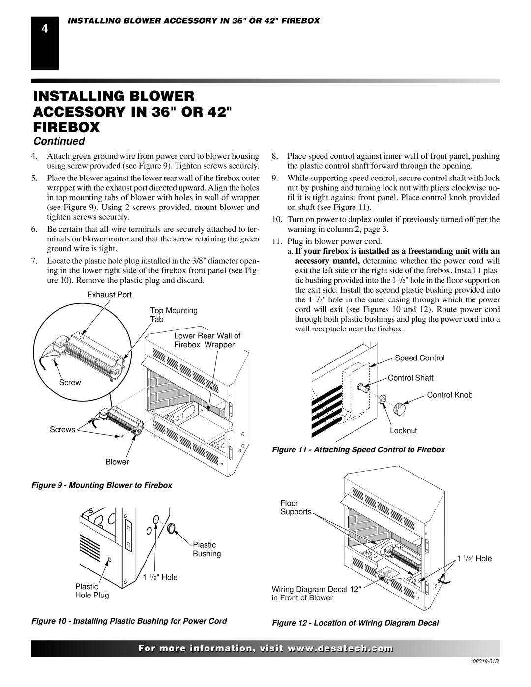 Desa Ga3750a installation instructions Installing Blower Accessory in 36 or 42 Firebox 