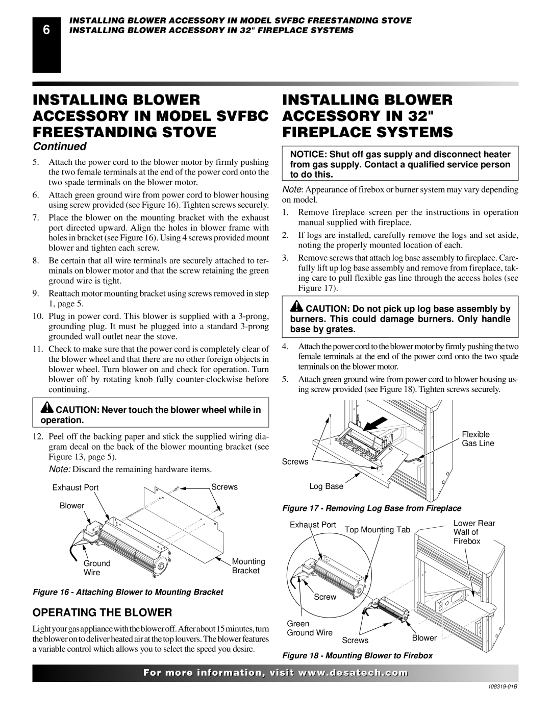 Desa Ga3750a installation instructions Installing Blower Accessory Fireplace Systems, Attaching Blower to Mounting Bracket 