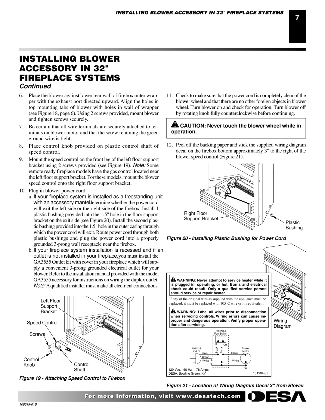 Desa Ga3750a installation instructions Installing Blower Accessory in 32 Fireplace Systems 