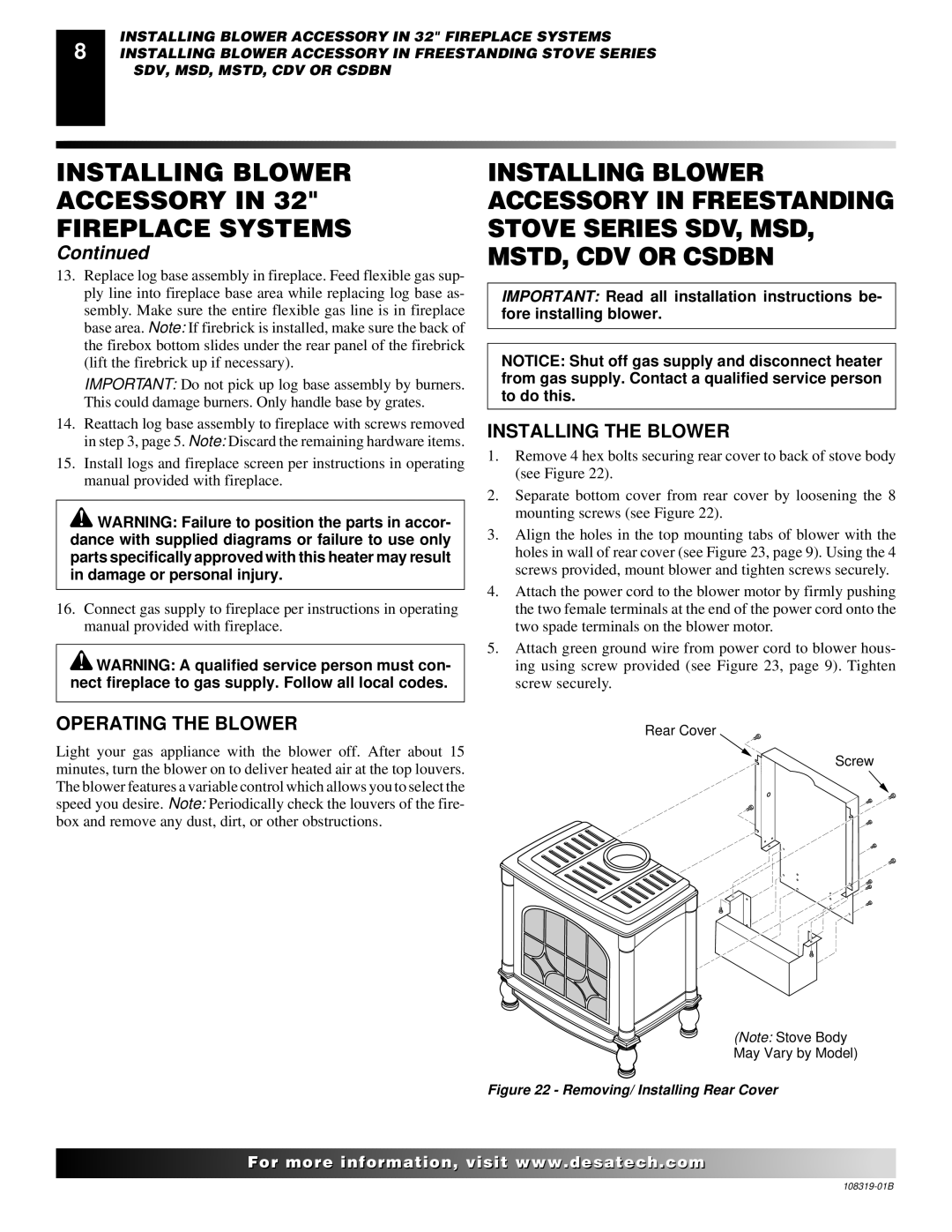 Desa Ga3750a installation instructions Installing the Blower 