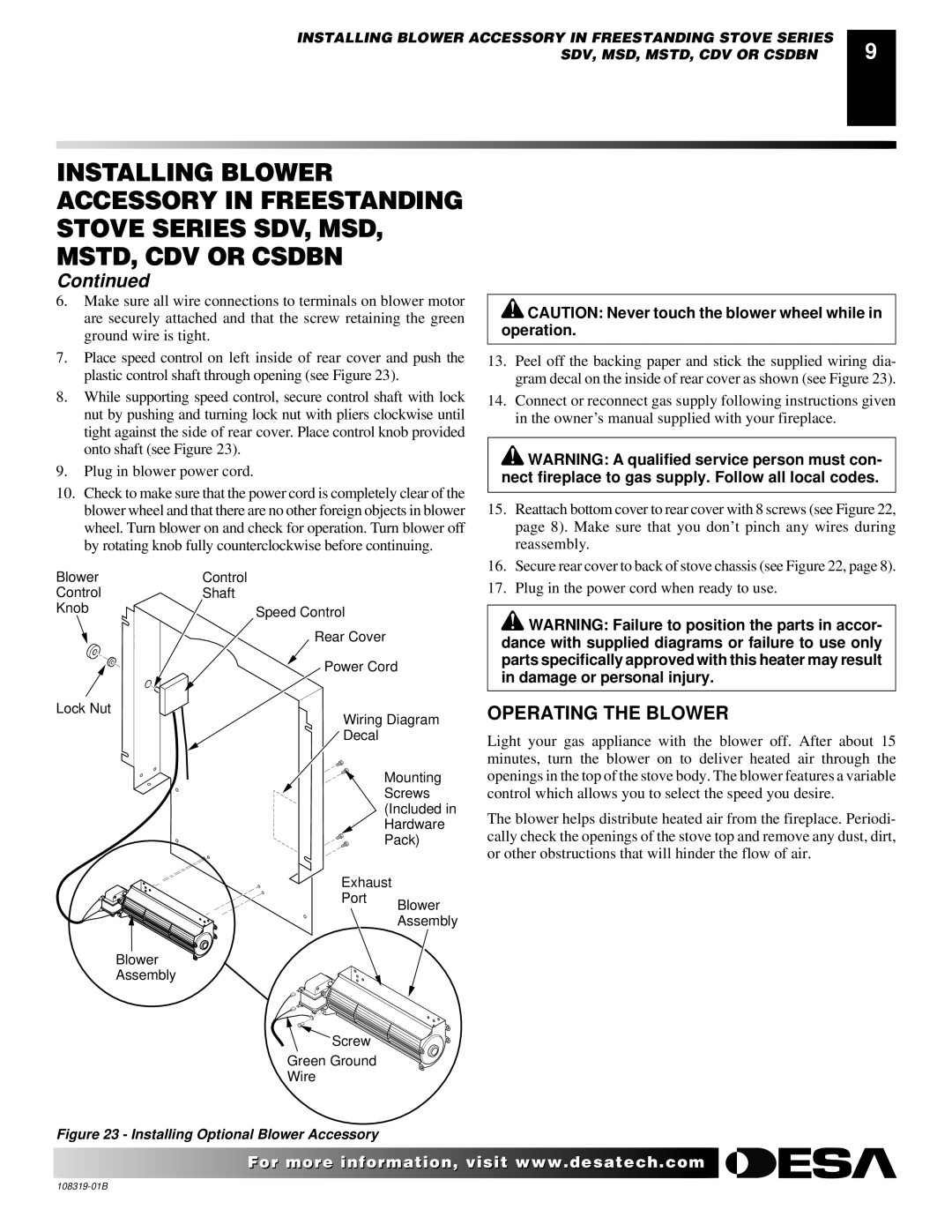 Desa Ga3750a installation instructions Installing Optional Blower Accessory 