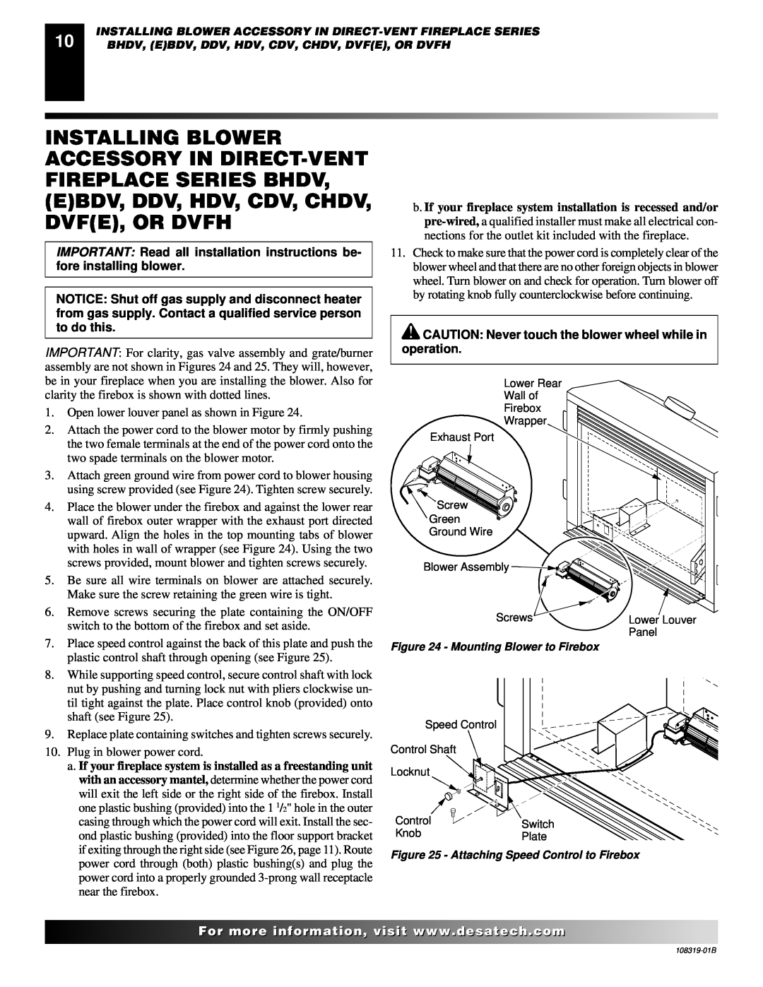 Desa Ga3750a installation instructions Mounting Blower to Firebox, Attaching Speed Control to Firebox, Lower Louver, Switch 