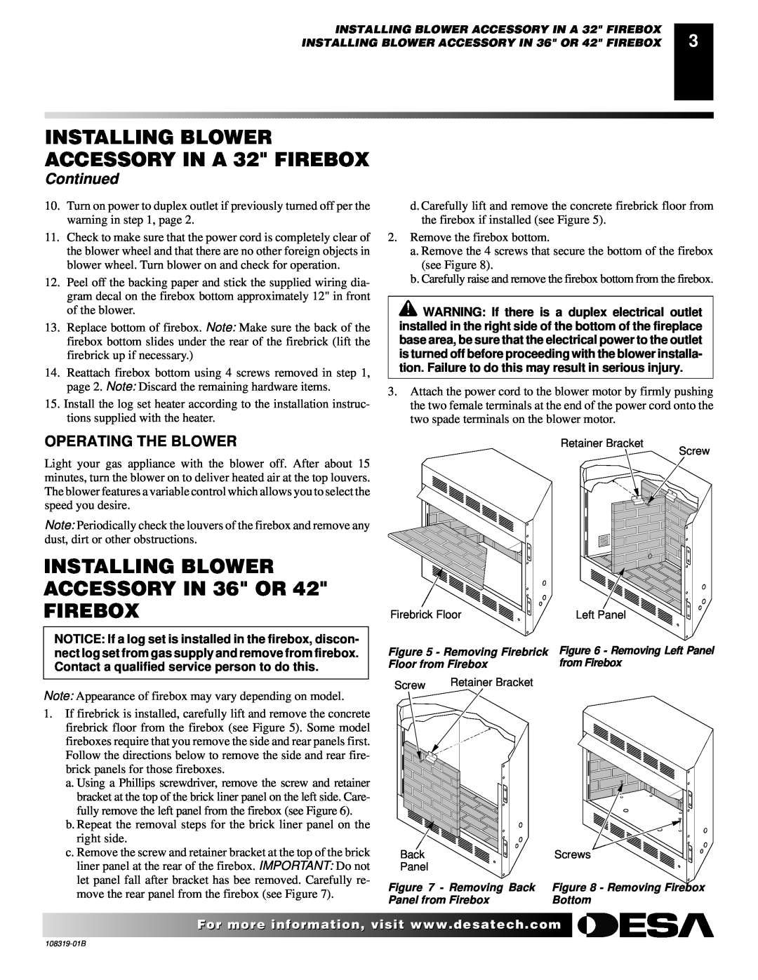 Desa Ga3750a installation instructions INSTALLING BLOWER ACCESSORY IN 36 OR FIREBOX, Continued, Operating The Blower 