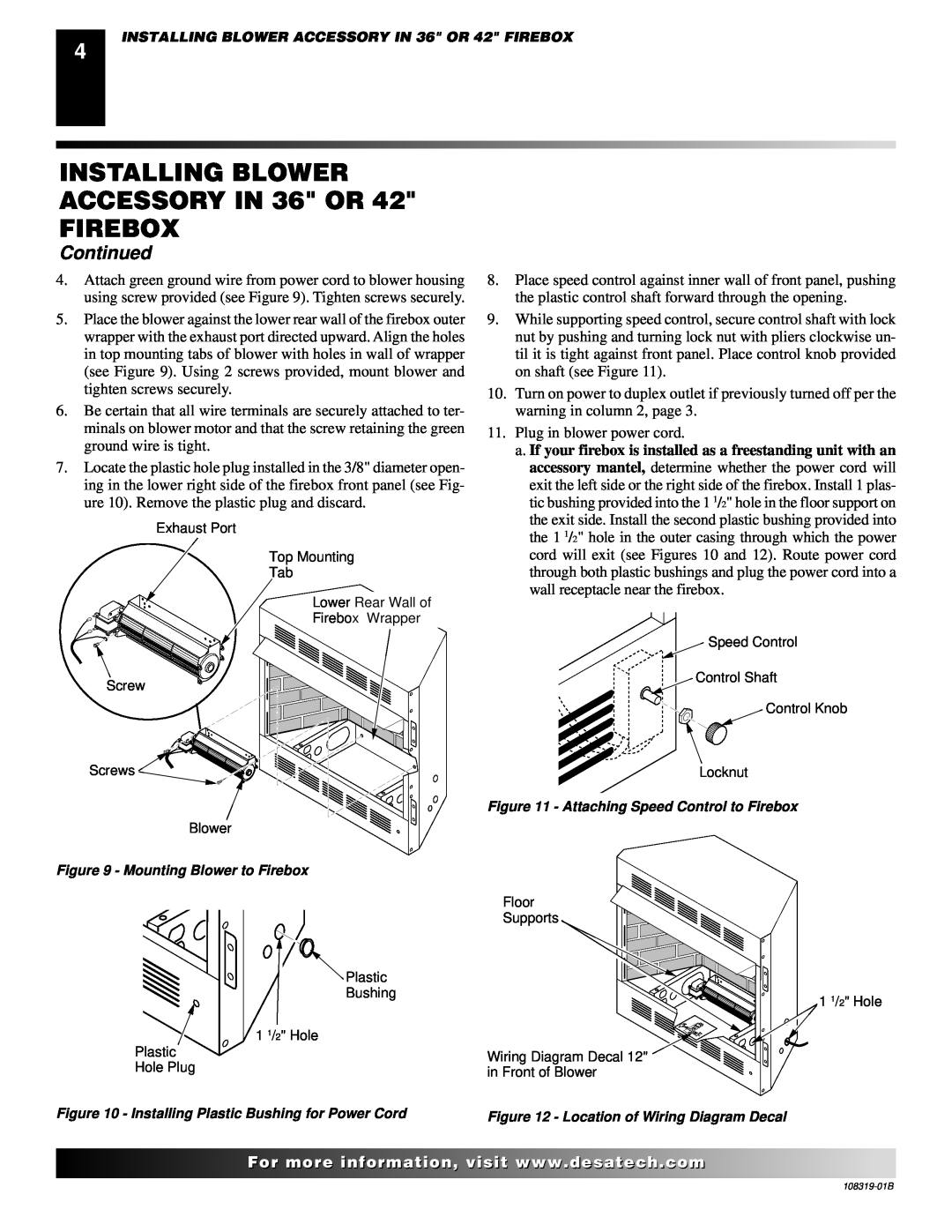 Desa Ga3750a installation instructions INSTALLING BLOWER ACCESSORY IN 36 OR FIREBOX, Continued, Plug in blower power cord 