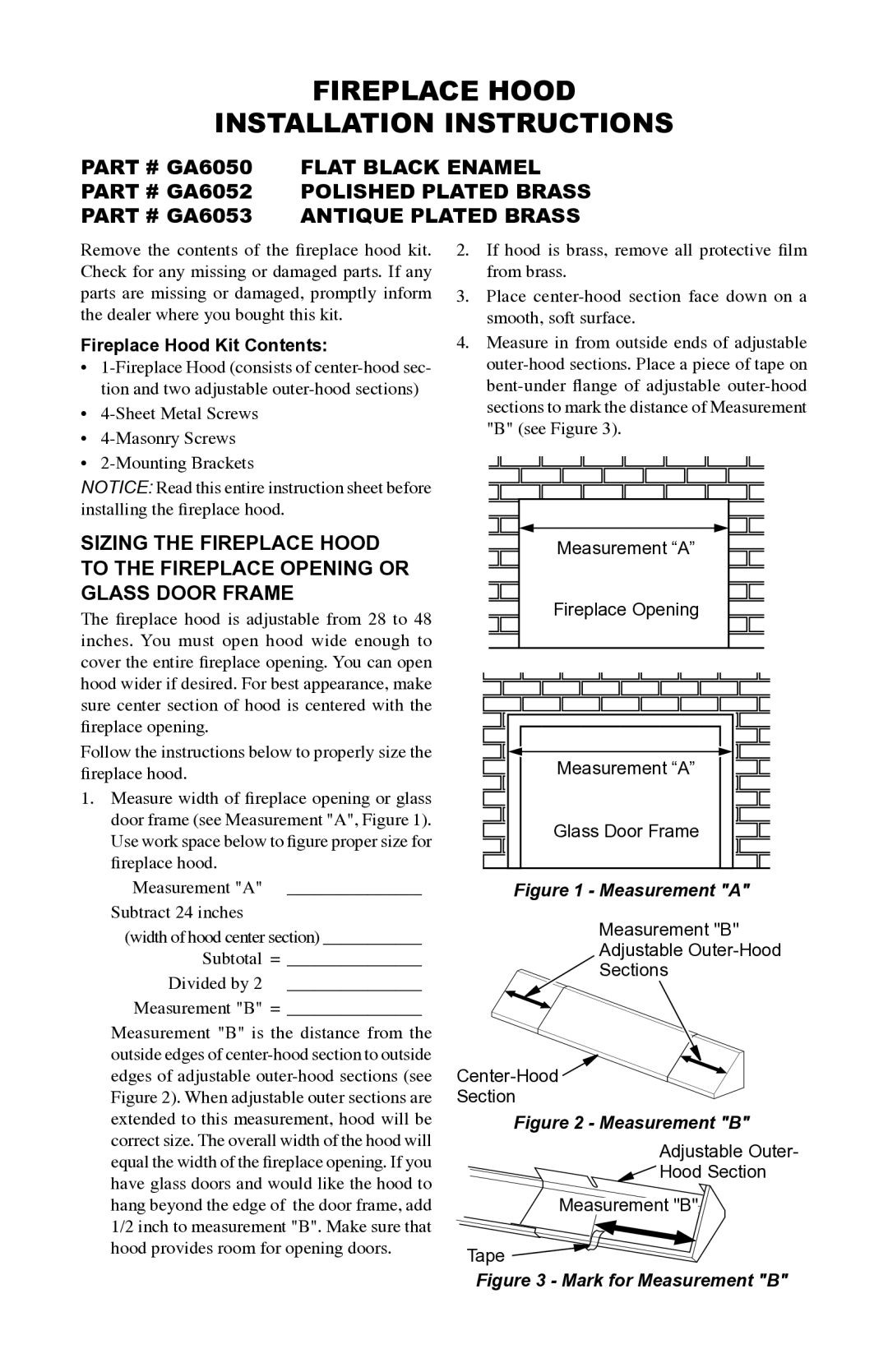 Desa GA6050, GA6053, GA6052 installation instructions Fireplace Hood Installation Instructions, Fireplace Hood Kit Contents 