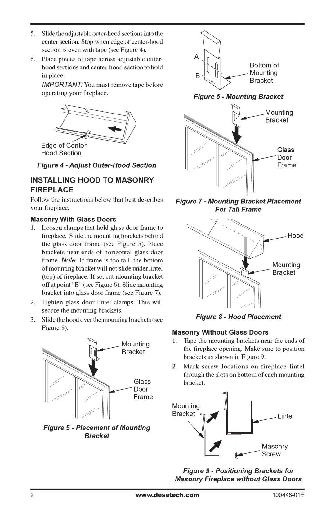 Desa GA6052, GA6053, GA6050 Installing Hood to Masonry Fireplace, Masonry With Glass Doors, Masonry Without Glass Doors 