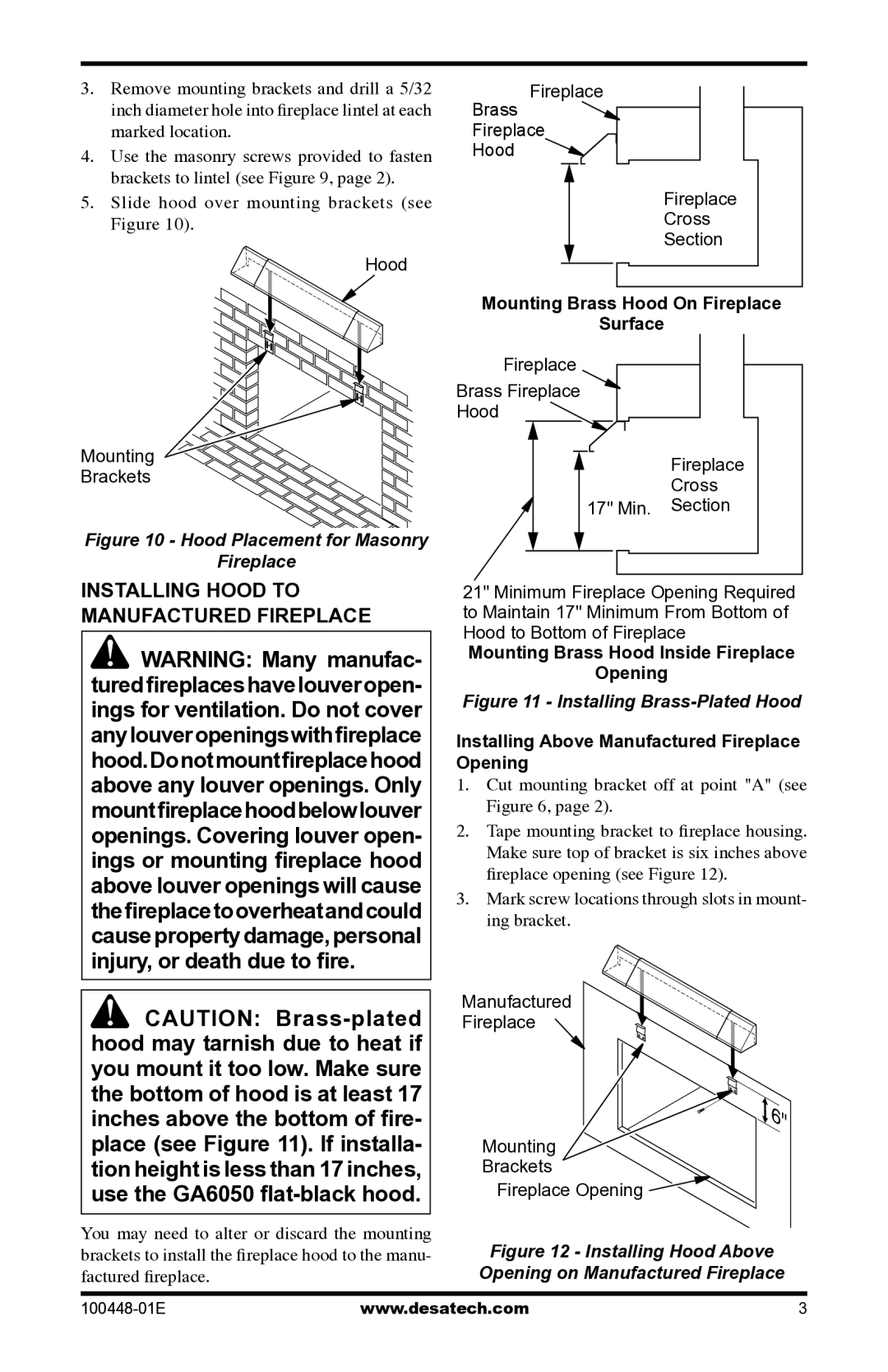 Desa GA6053, GA6050, GA6052 Installing Hood to Manufactured Fireplace, Mounting Brass Hood On Fireplace Surface 