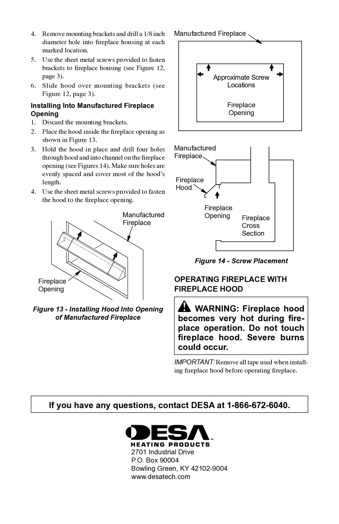 Desa GA6050, GA6053, GA6052 Operating Fireplace with Fireplace Hood, Installing Into Manufactured Fireplace Opening 