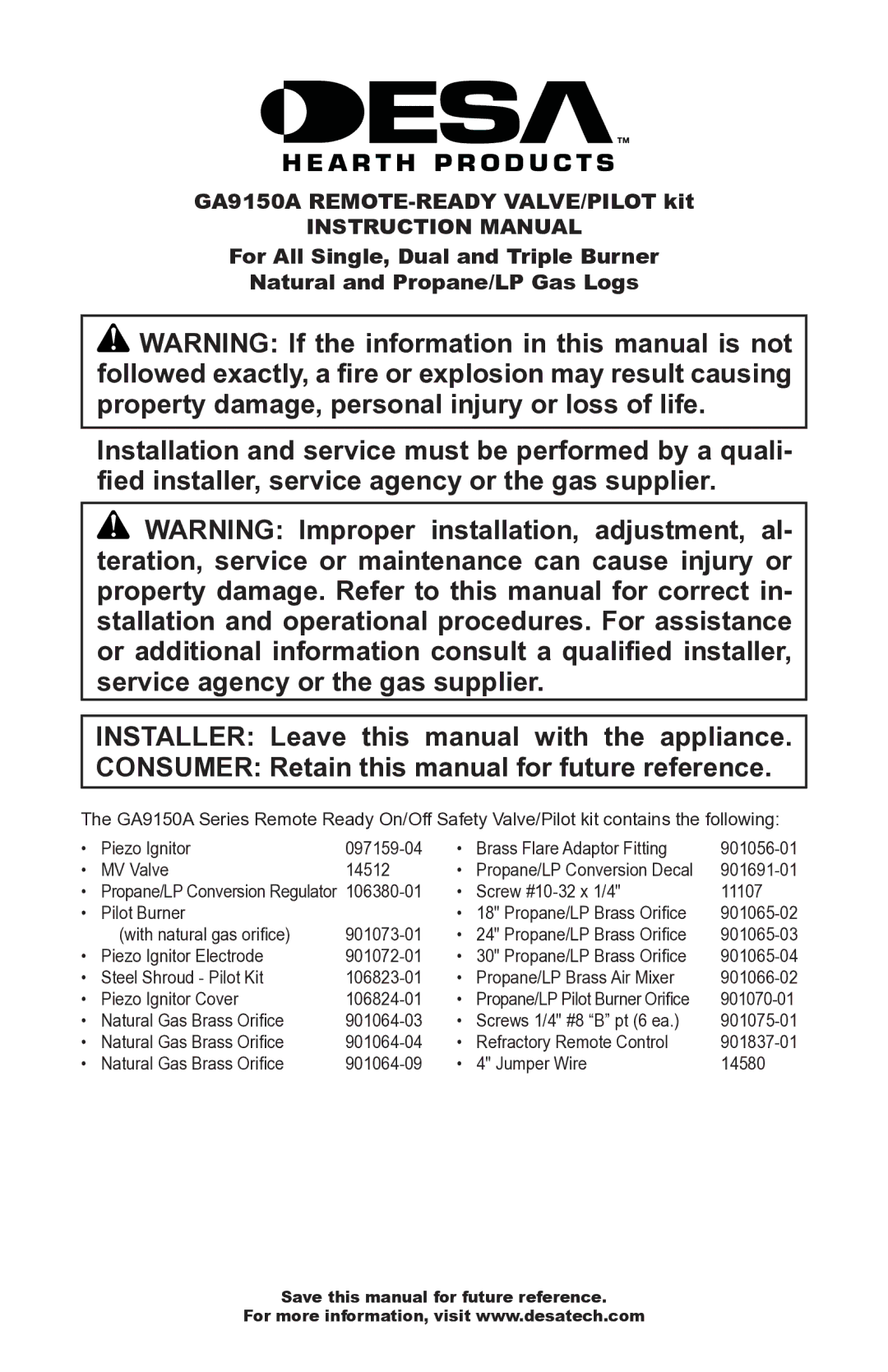 Desa GA9150A instruction manual MV Valve 14512, With natural gas orifice 901073-01 Propane/LP Brass Orifice 