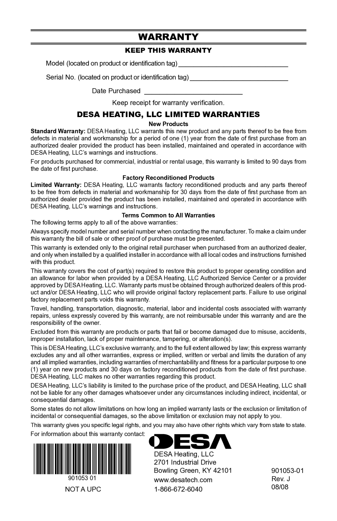 Desa GA9150A instruction manual Desa HEATING, LLC Limited Warranties, Keep this Warranty 