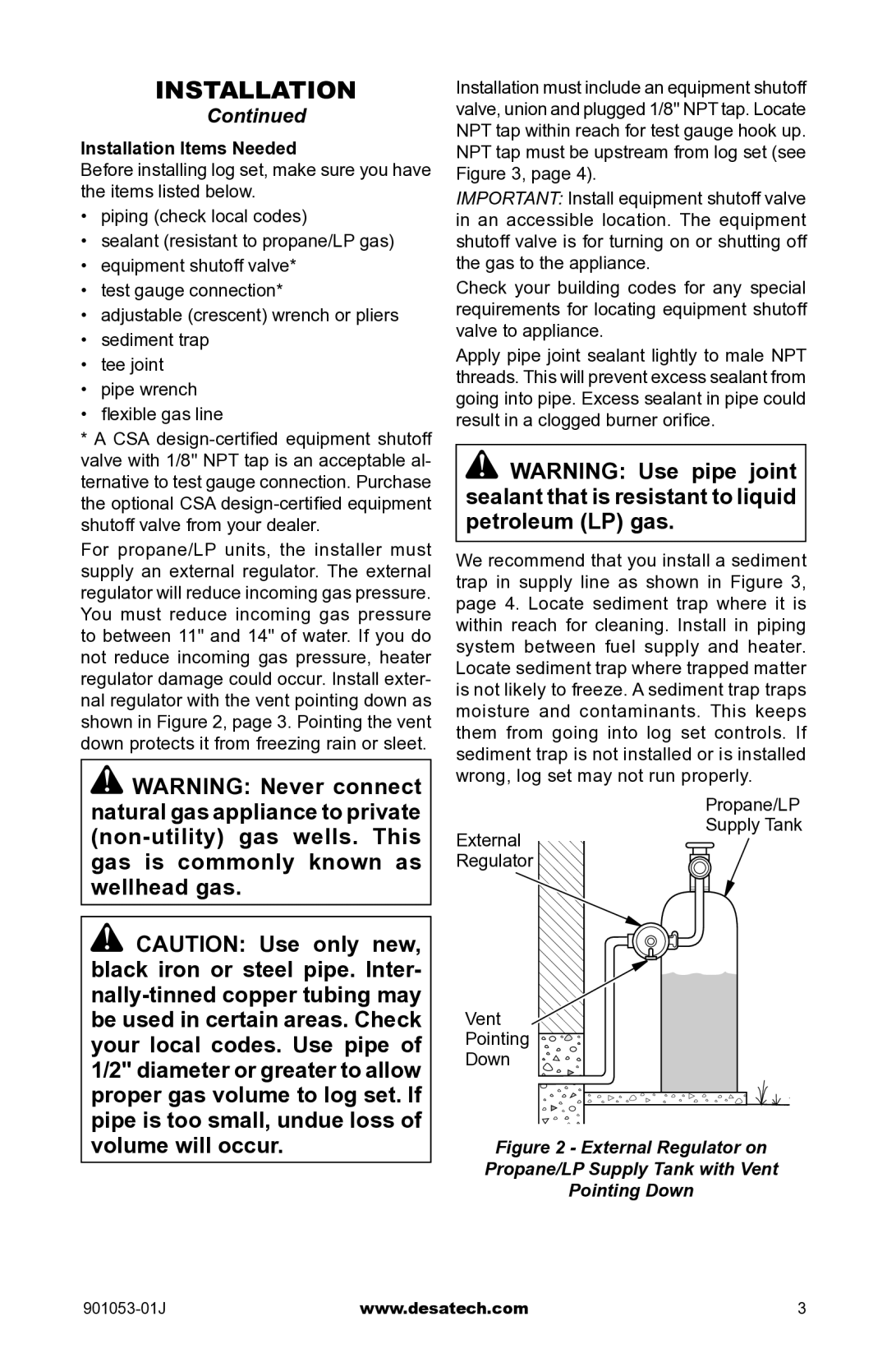 Desa GA9150A instruction manual Installation Items Needed, External Regulator Propane/LP Supply Tank Vent Pointing Down 