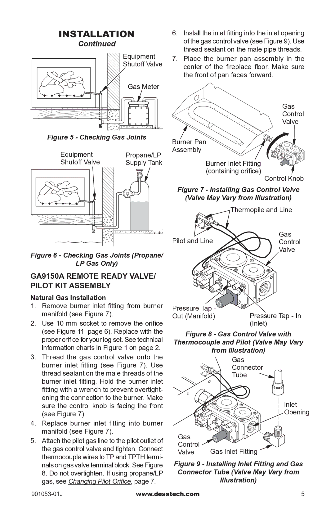 Desa instruction manual GA9150A Remote Ready Valve Pilot Kit Assembly, Natural Gas Installation 