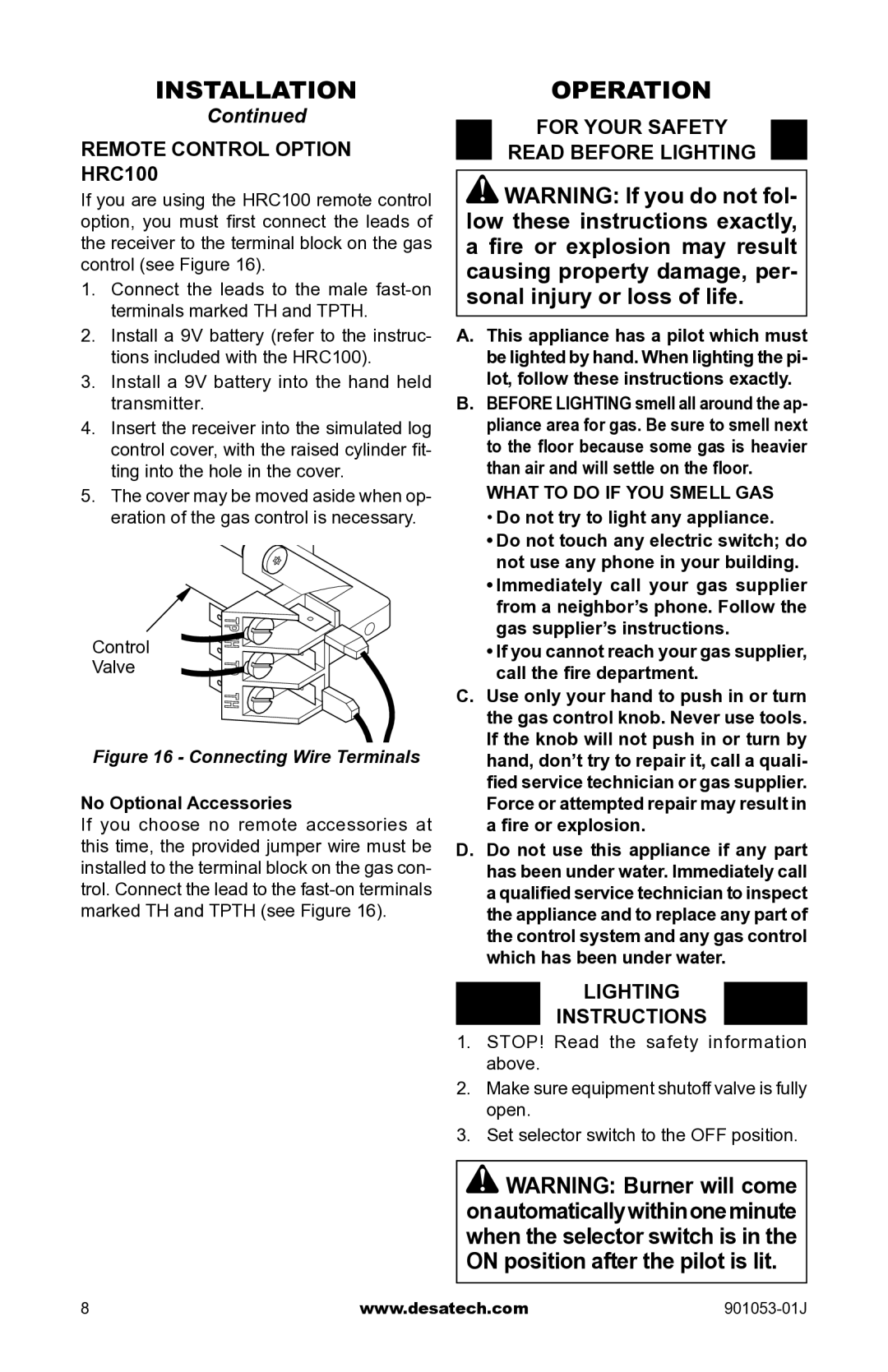 Desa GA9150A OperatiOn, Remote Control Option HRC100, For Your Safety Read Before Lighting, Lighting Instructions 