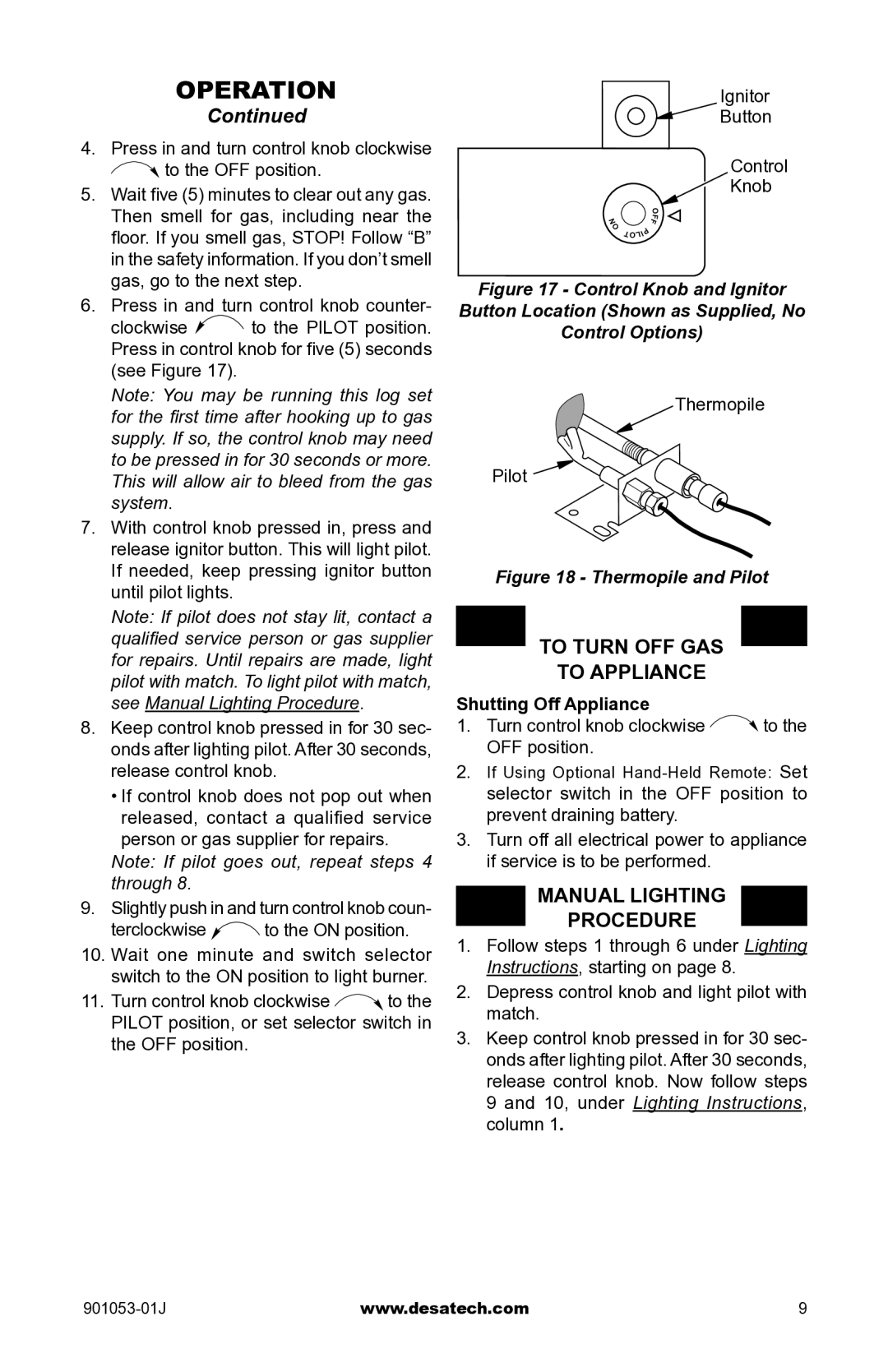 Desa GA9150A instruction manual To Turn OFF GAS To Appliance, Manual Lighting Procedure 