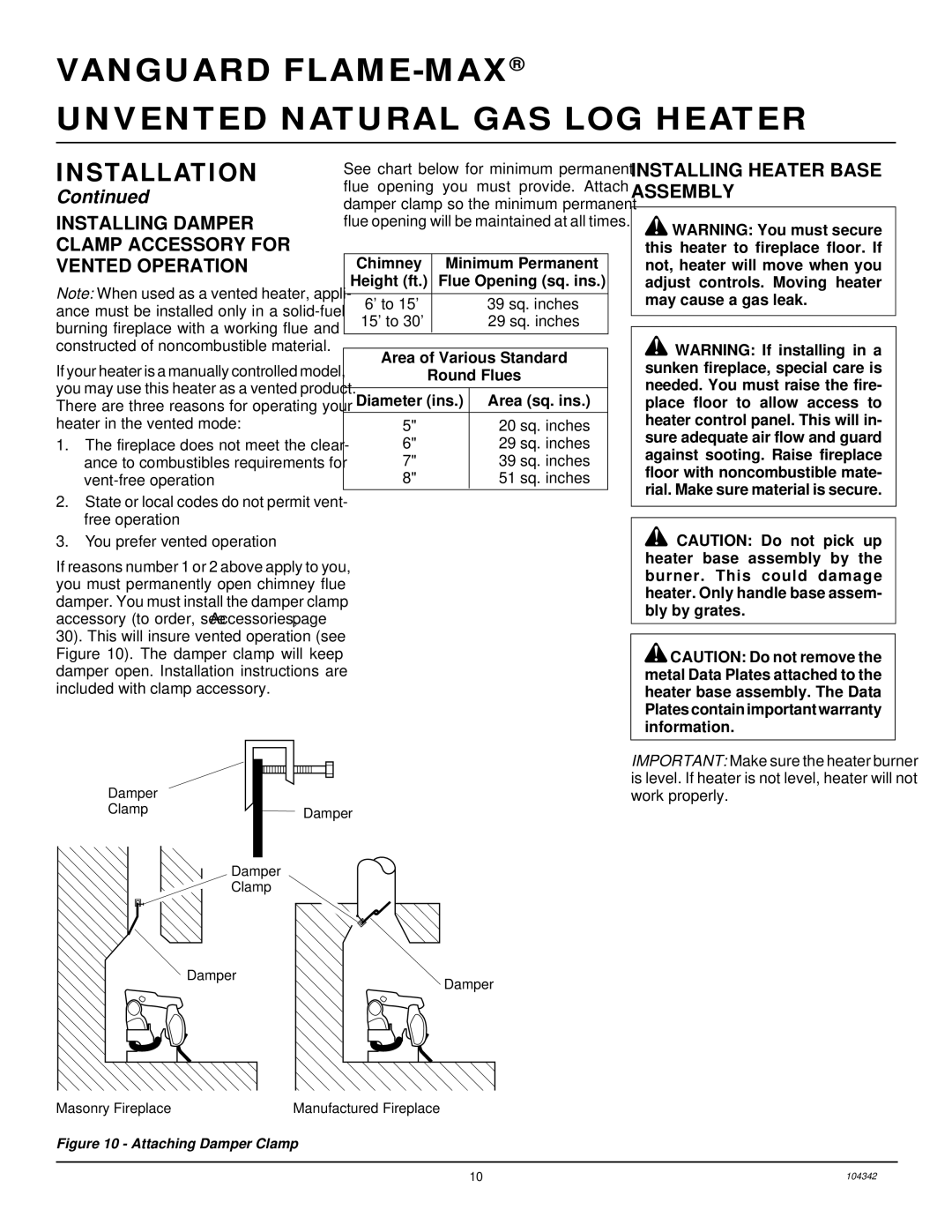 Desa GAS LOG HEATER Installing Damper Clamp Accessory for Vented Operation, Installing Heater Base Assembly 